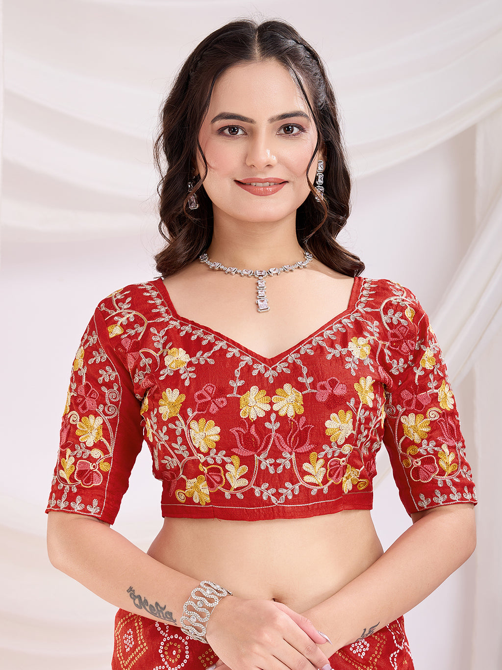 Maroon Vichitra Silk Festival Saree | Bandhani Printed & Embroidered Elegance