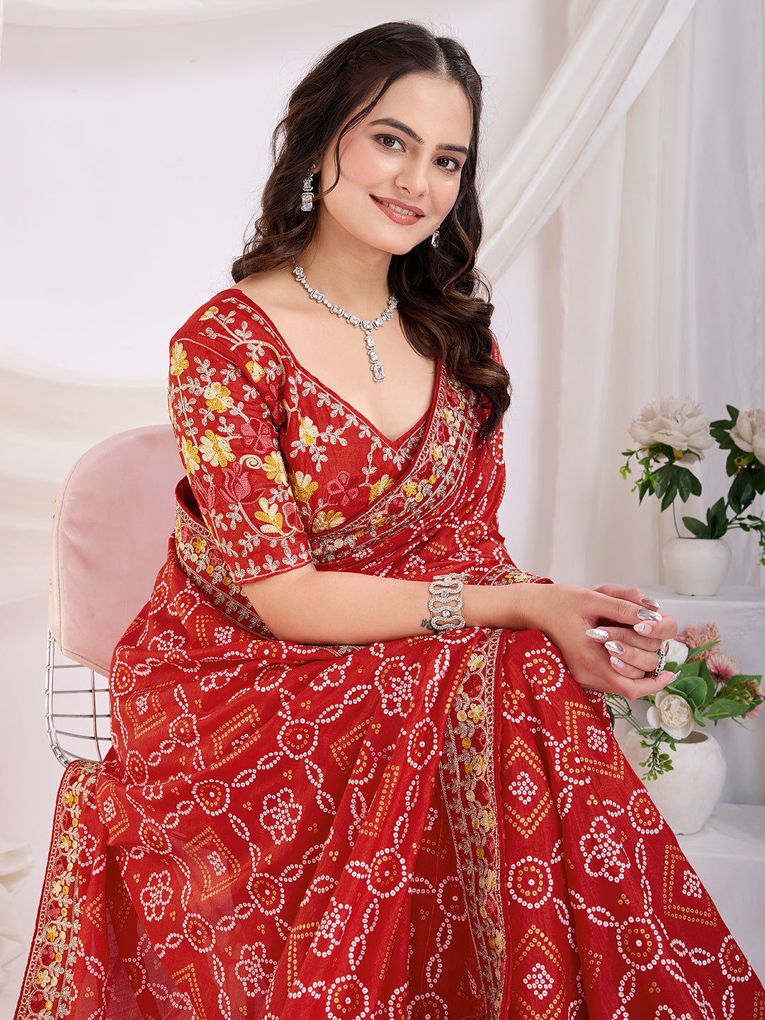 Maroon Vichitra Silk Festival Saree | Bandhani Printed & Embroidered Elegance