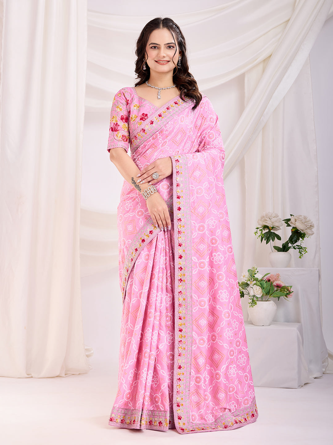 Pink Vichitra Silk Festival Saree | Bandhani Printed & Embroidered Grace