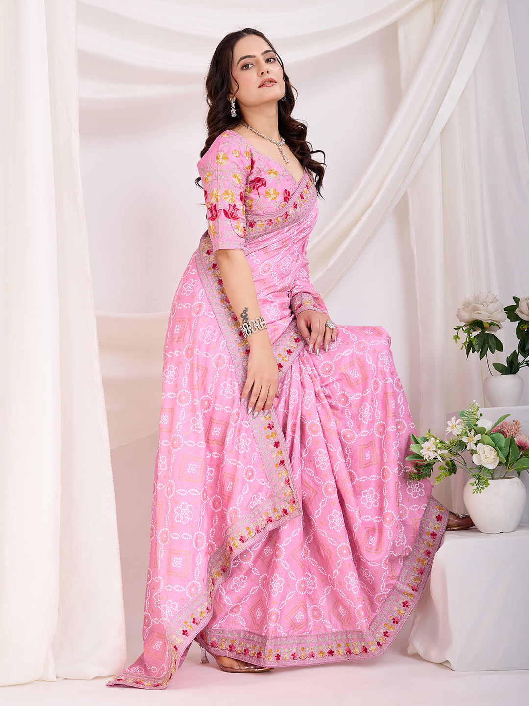 Pink Vichitra Silk Festival Saree | Bandhani Printed & Embroidered Grace