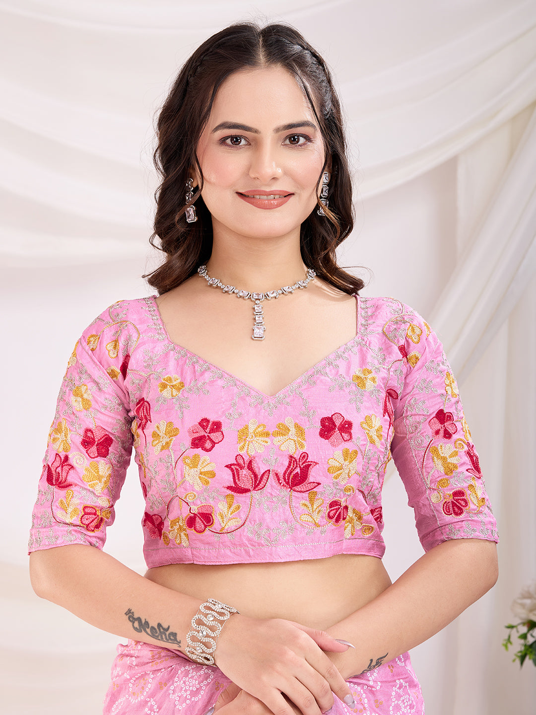 Pink Vichitra Silk Festival Saree | Bandhani Printed & Embroidered Grace