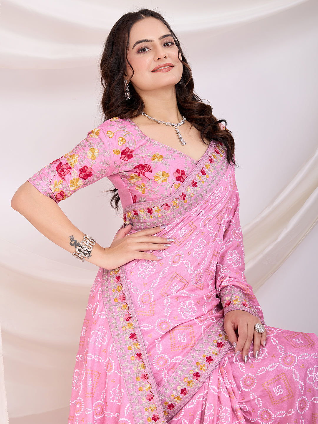 Pink Vichitra Silk Festival Saree | Bandhani Printed & Embroidered Grace