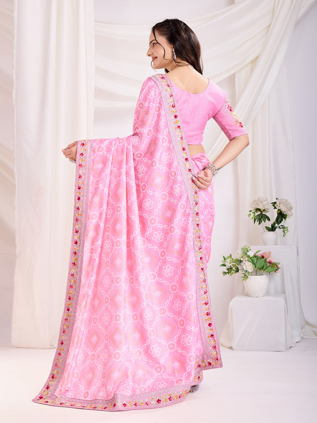 Pink Vichitra Silk Festival Saree | Bandhani Printed & Embroidered Grace