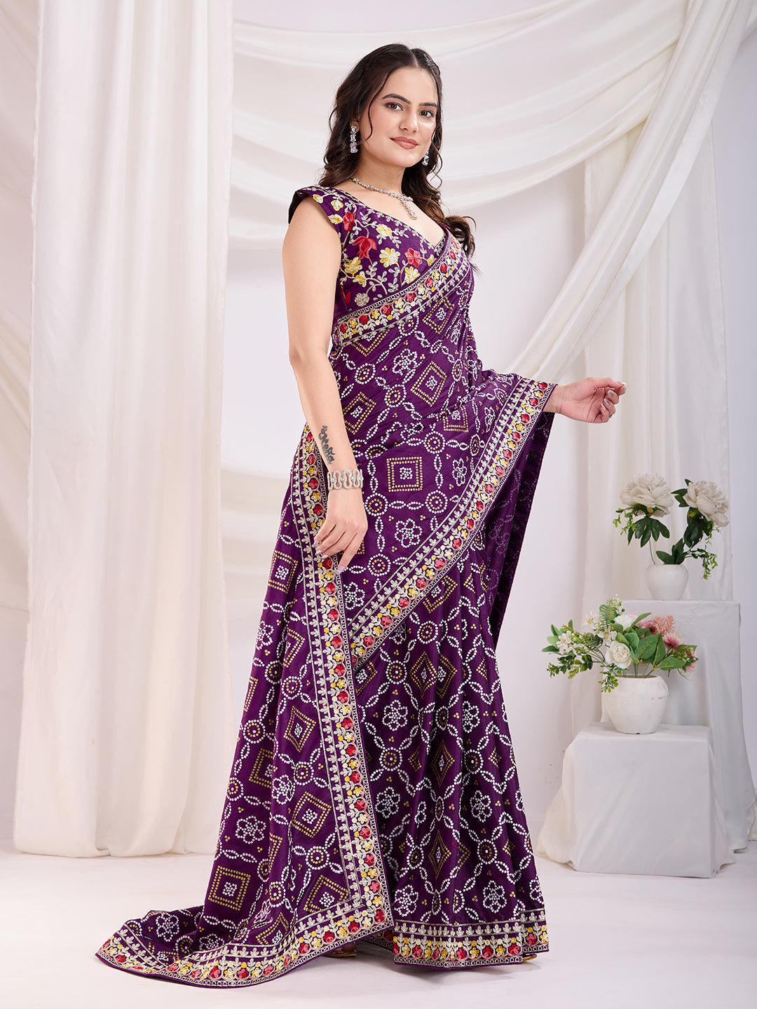 Violet Vichitra Silk Festival Saree | Bandhani Printed & Embroidered Majesty
