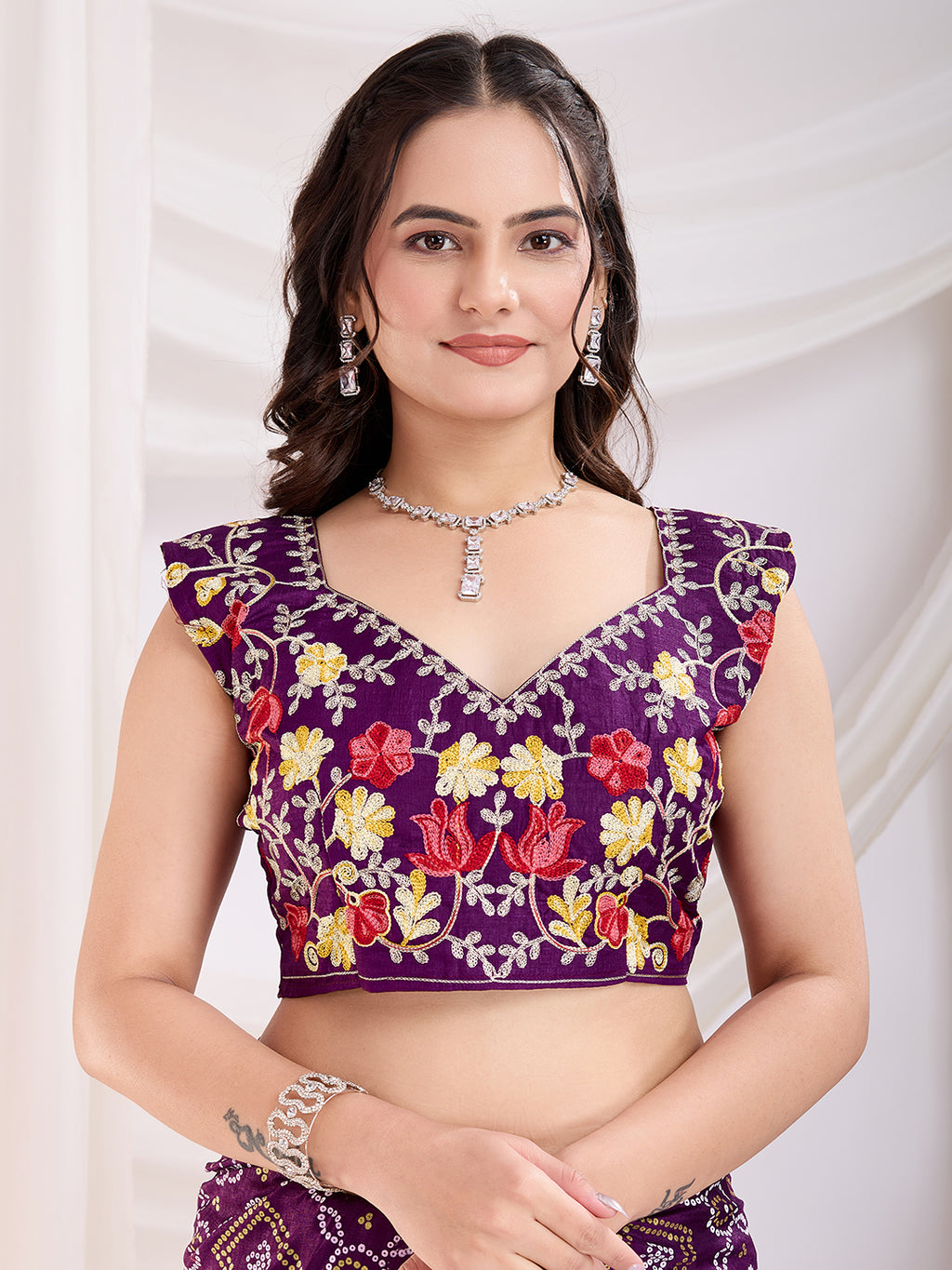 Violet Vichitra Silk Festival Saree | Bandhani Printed & Embroidered Majesty