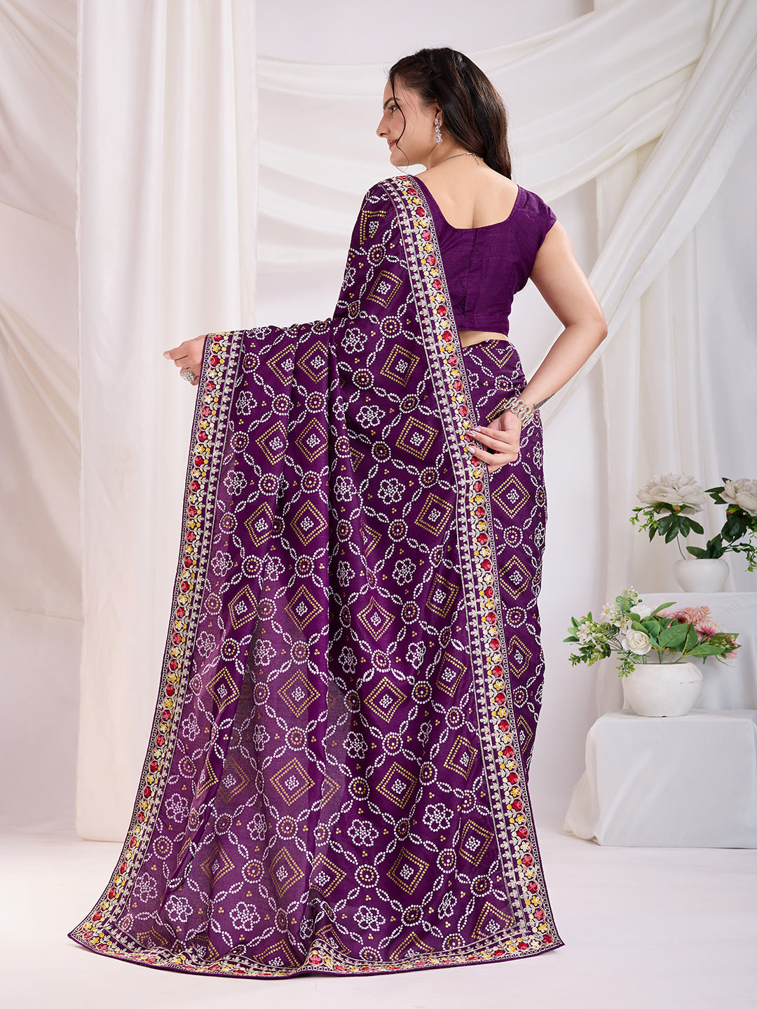 Violet Vichitra Silk Festival Saree | Bandhani Printed & Embroidered Majesty