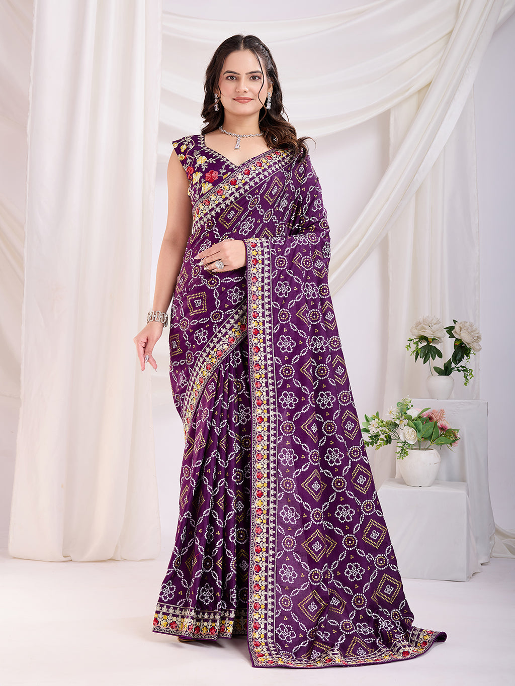 Violet Vichitra Silk Festival Saree | Bandhani Printed & Embroidered Majesty