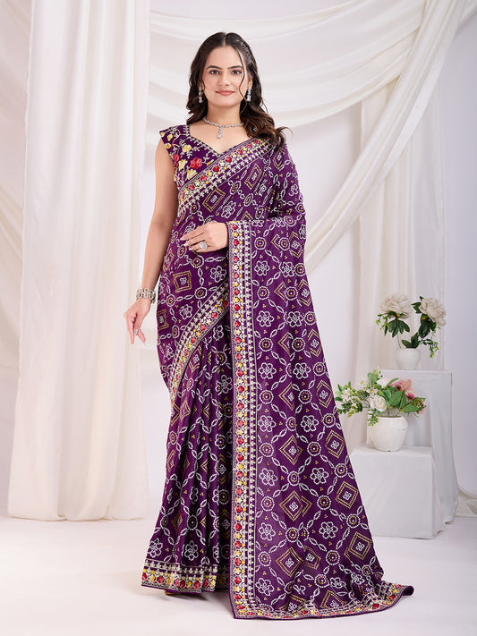 Red Vichitra Silk Festival Saree | Bandhani Printed & Embroidered Splendor