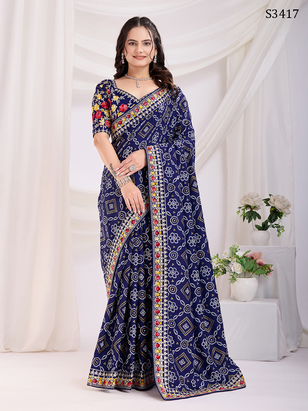 Blue Vichitra Silk Festival Saree | Bandhani Printed & Embroidered Serenity