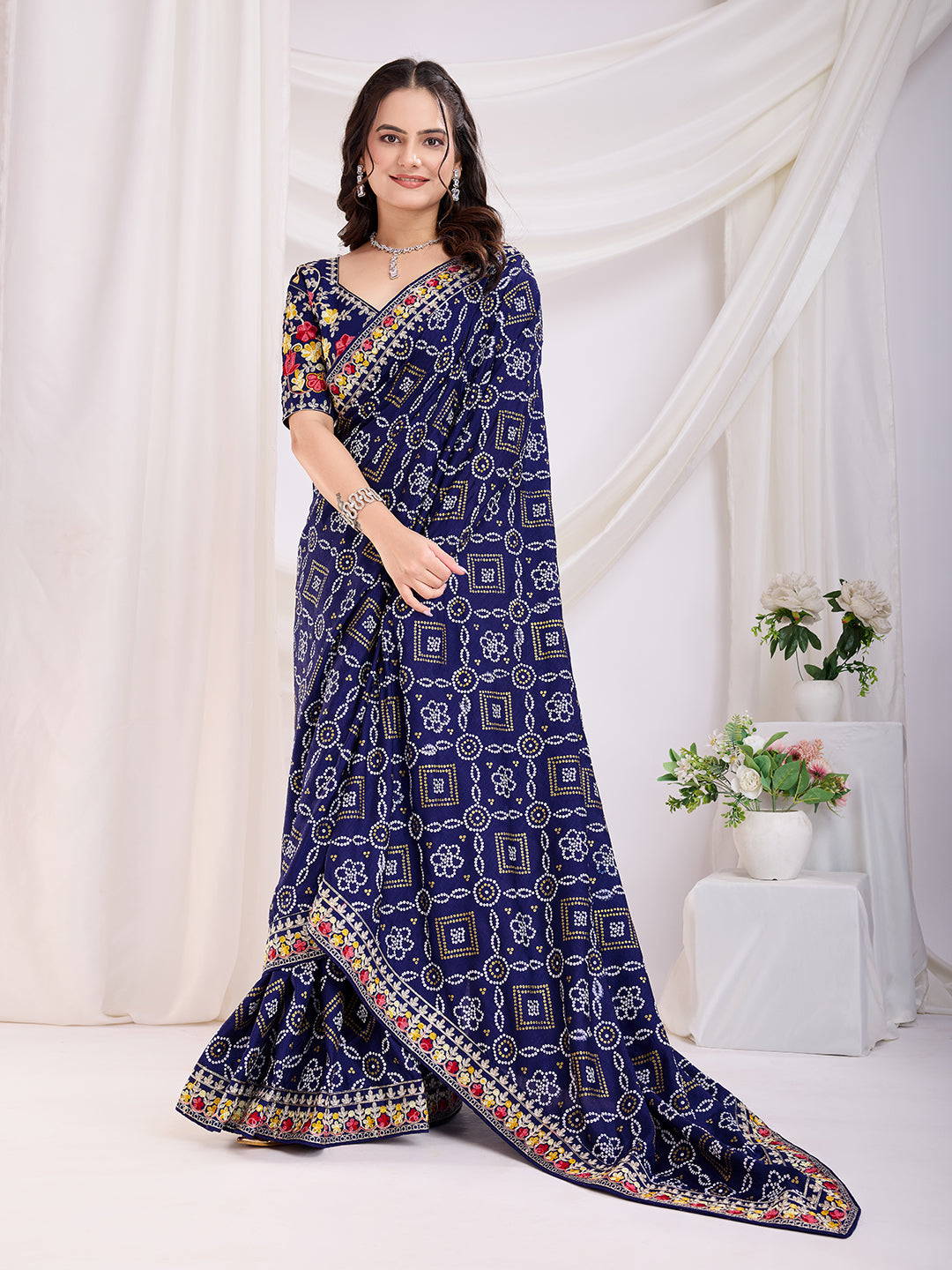 Blue Vichitra Silk Festival Saree | Bandhani Printed & Embroidered Serenity