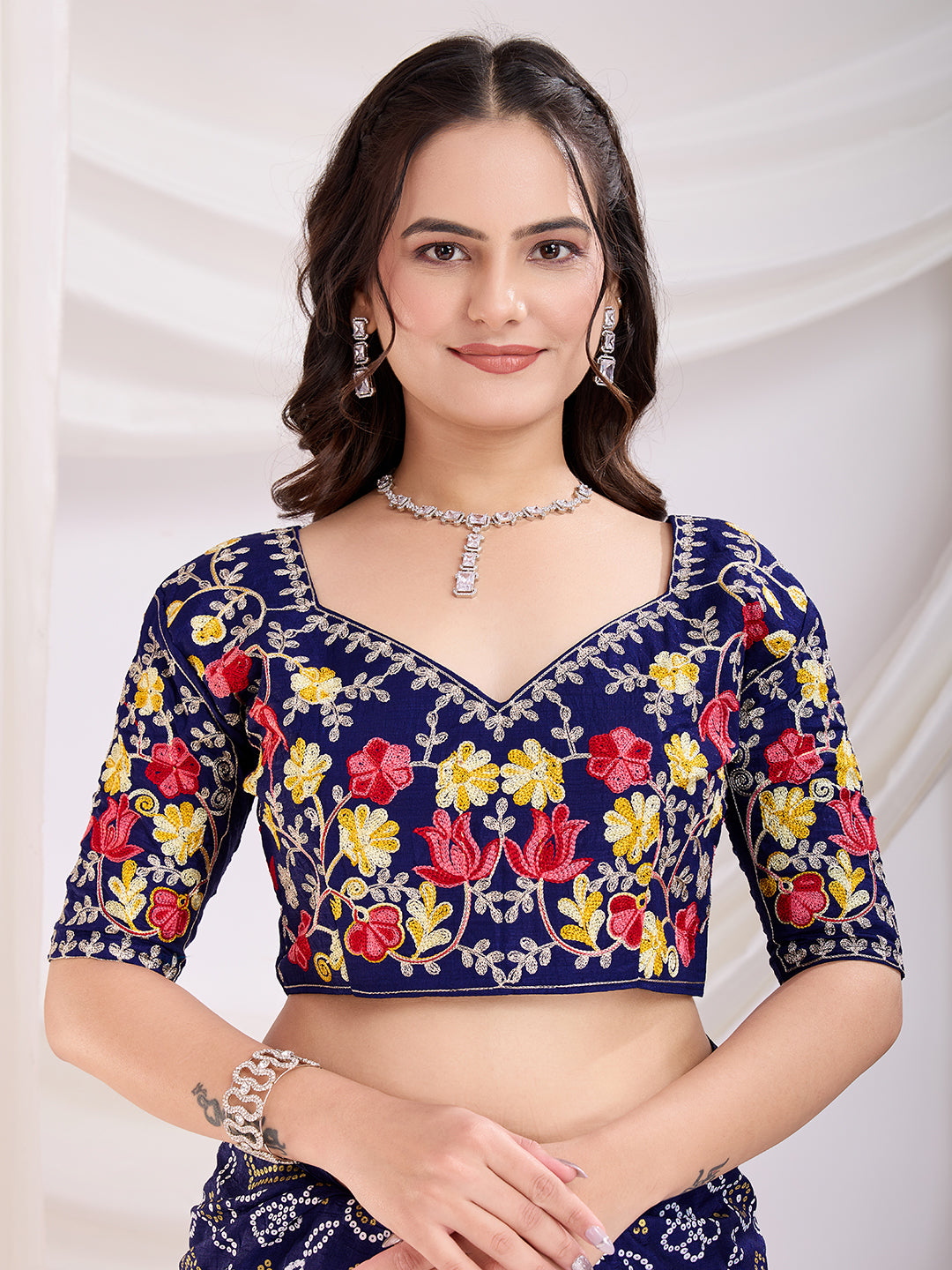 Blue Vichitra Silk Festival Saree | Bandhani Printed & Embroidered Serenity