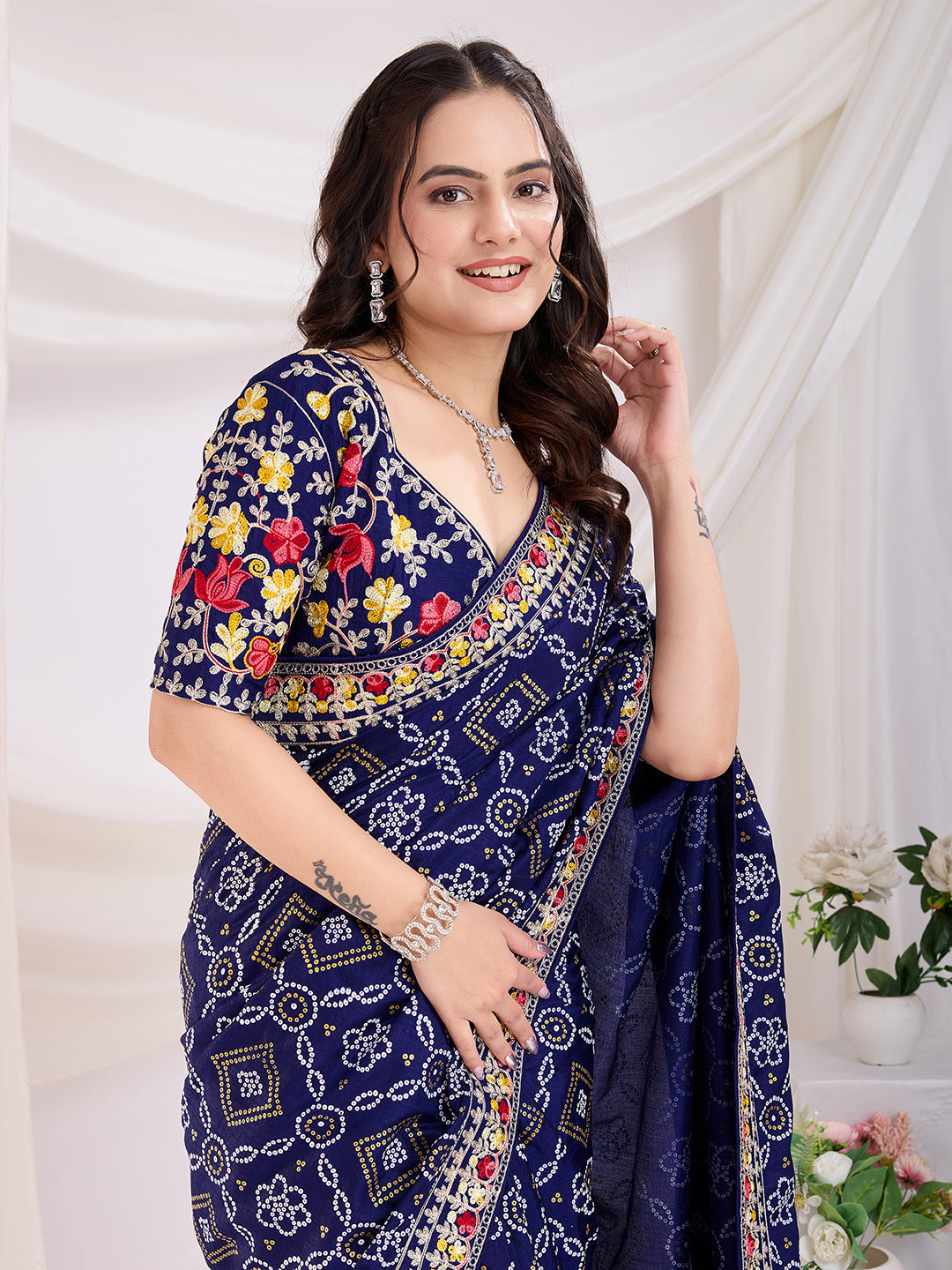 Blue Vichitra Silk Festival Saree | Bandhani Printed & Embroidered Serenity