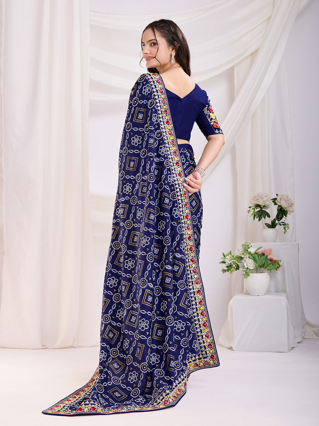 Blue Vichitra Silk Festival Saree | Bandhani Printed & Embroidered Serenity