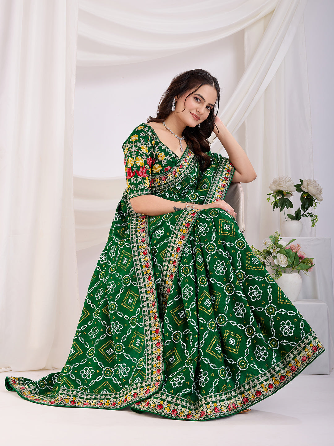 Green Vichitra Silk Festival Saree | Bandhani Printed & Embroidered Freshness