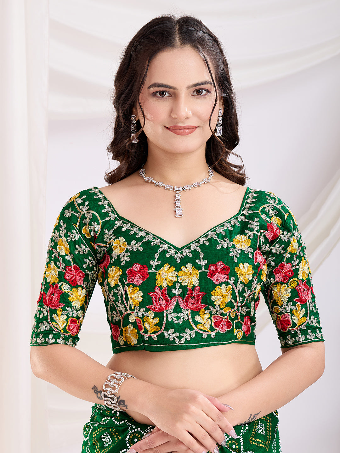 Green Vichitra Silk Festival Saree | Bandhani Printed & Embroidered Freshness