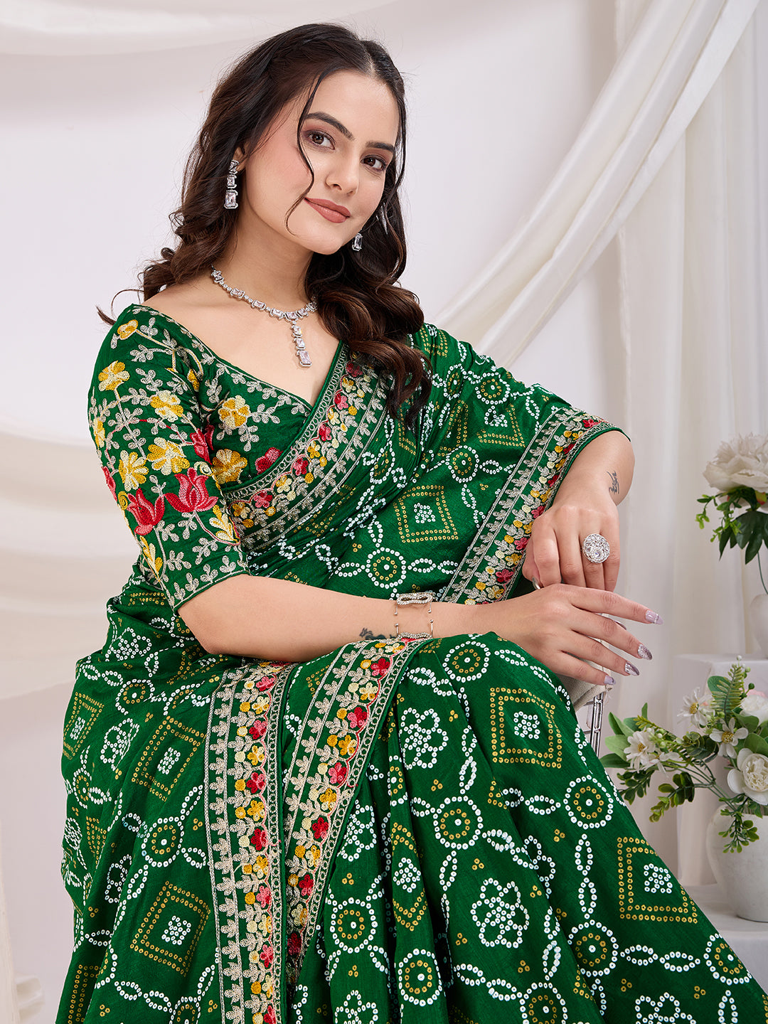 Green Vichitra Silk Festival Saree | Bandhani Printed & Embroidered Freshness