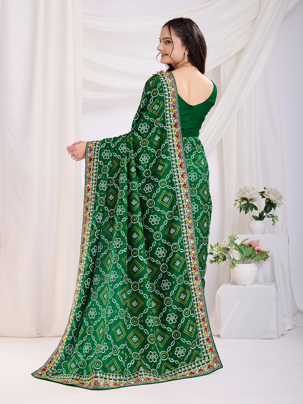 Green Vichitra Silk Festival Saree | Bandhani Printed & Embroidered Freshness