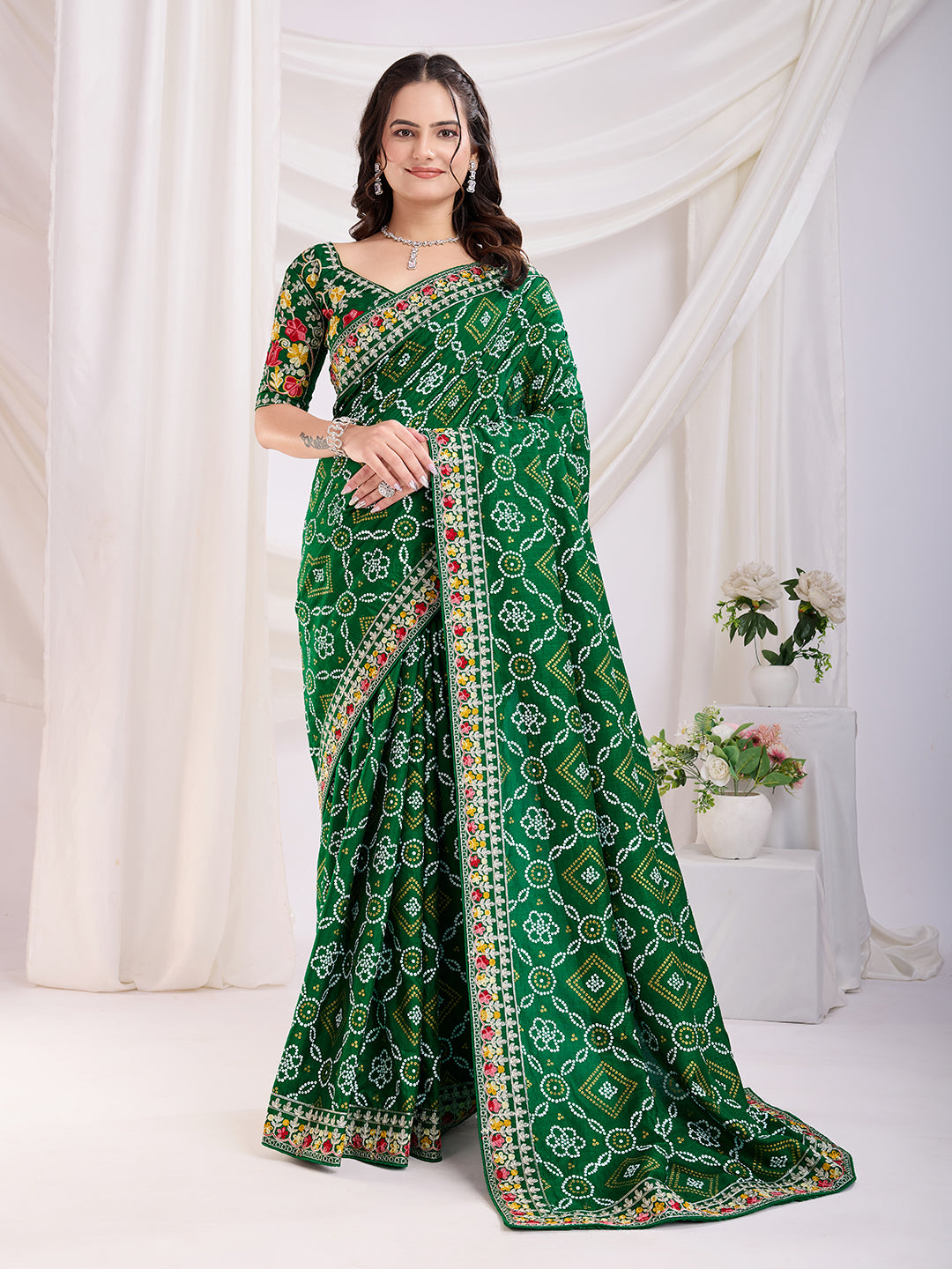 Green Vichitra Silk Festival Saree | Bandhani Printed & Embroidered Freshness