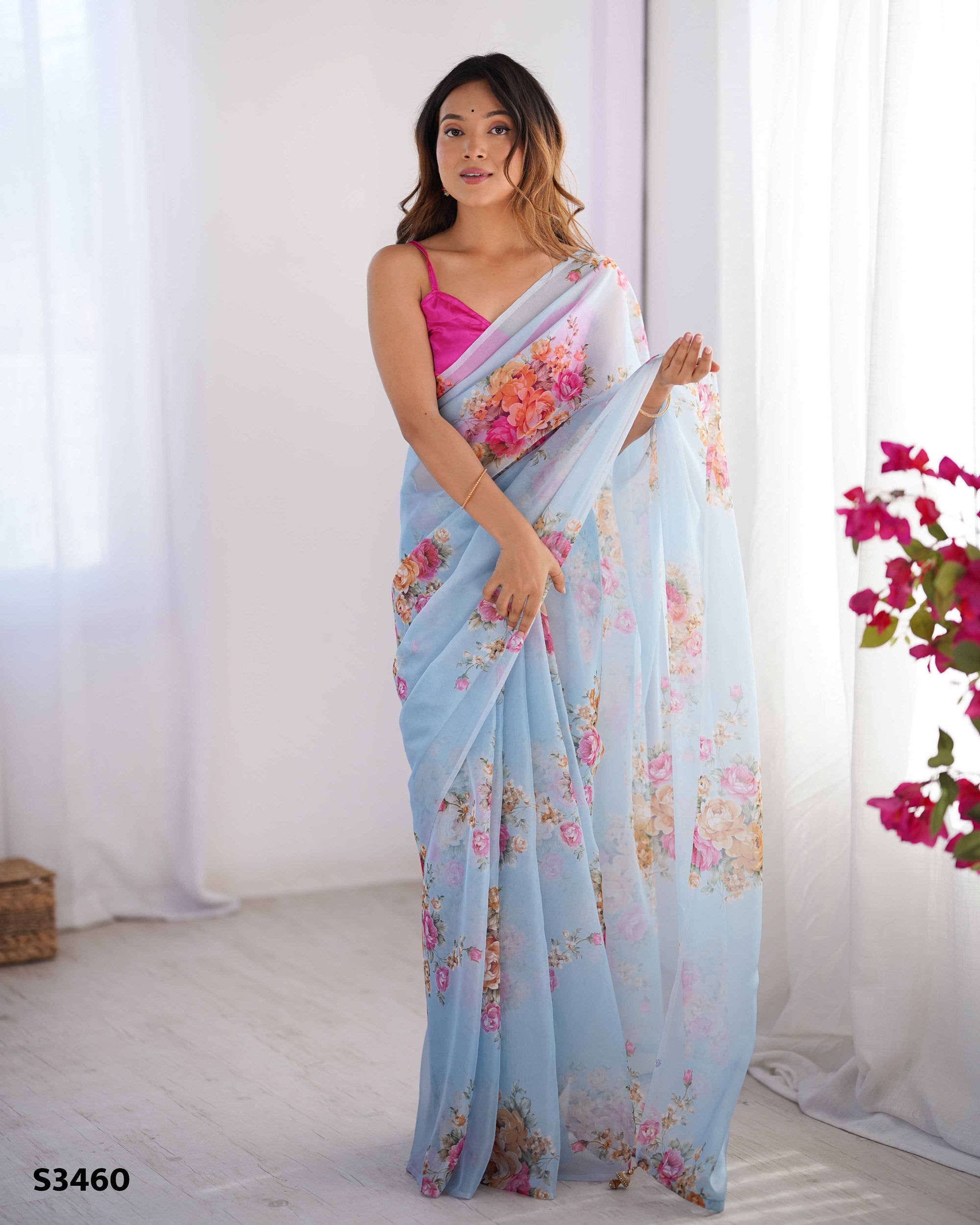 Sky Blue Burberry Designer Saree | Orange Art Silk Blouse with Printed Elegance