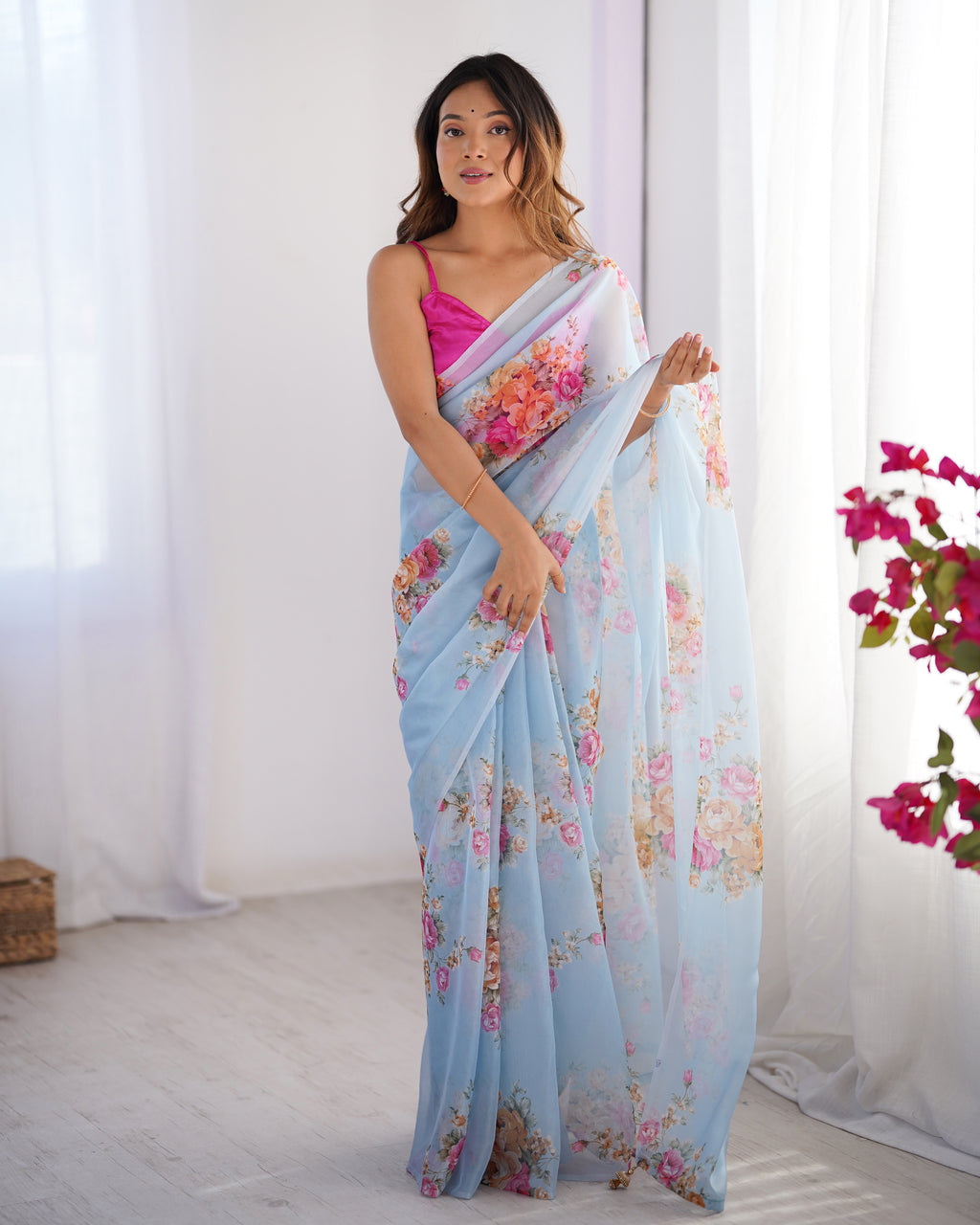 Sky Blue Burberry Designer Saree | Orange Art Silk Blouse with Printed Elegance