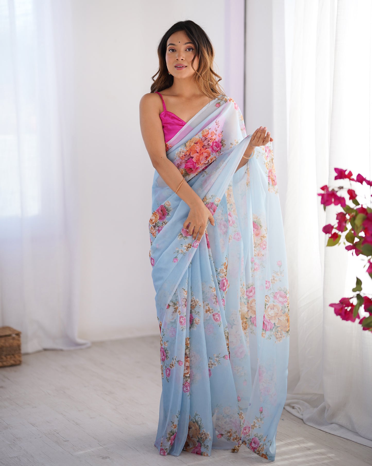 Sky Blue Burberry Designer Saree | Orange Art Silk Blouse with Printed Elegance
