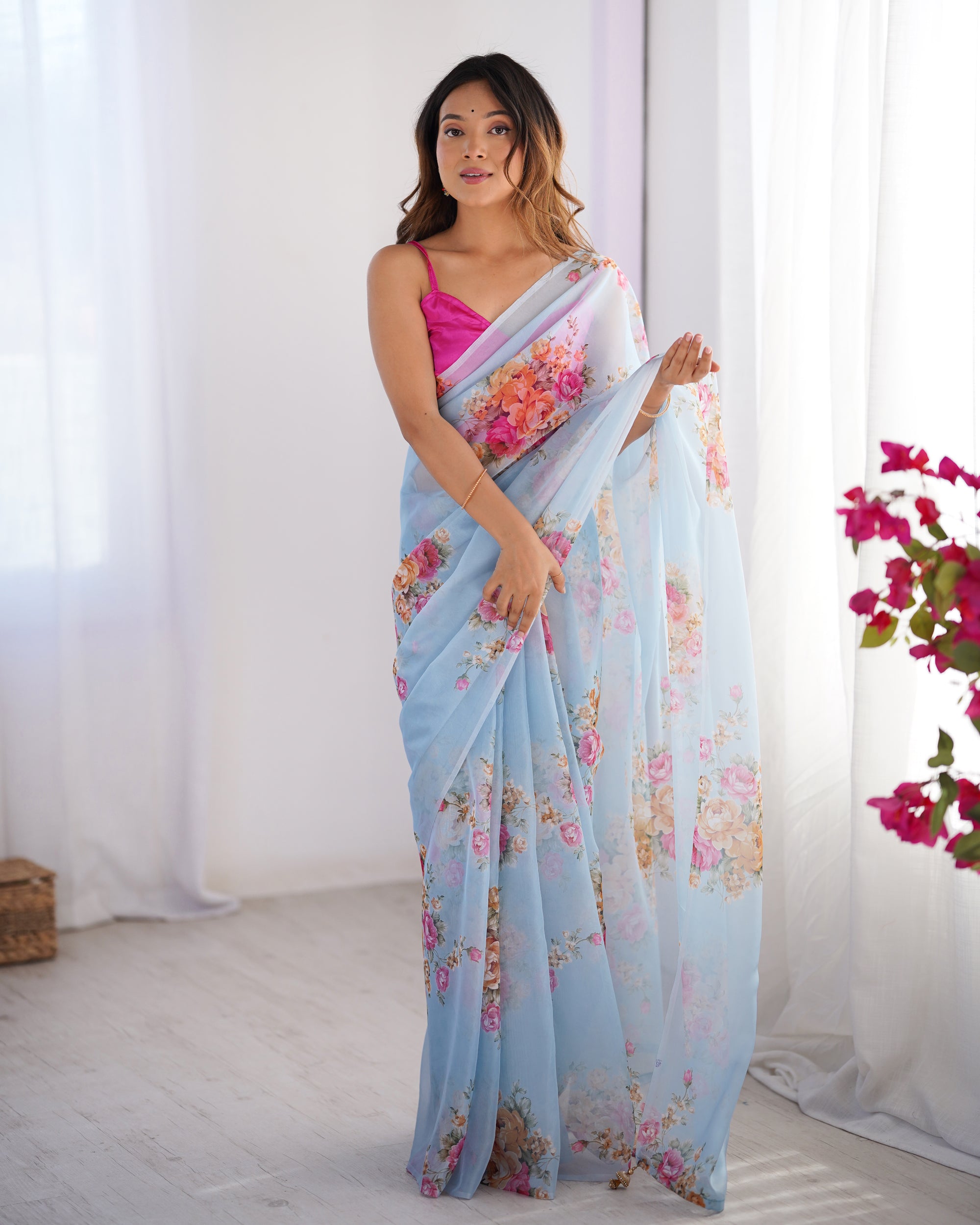Sky Blue Burberry Designer Saree | Orange Art Silk Blouse with Printed Elegance
