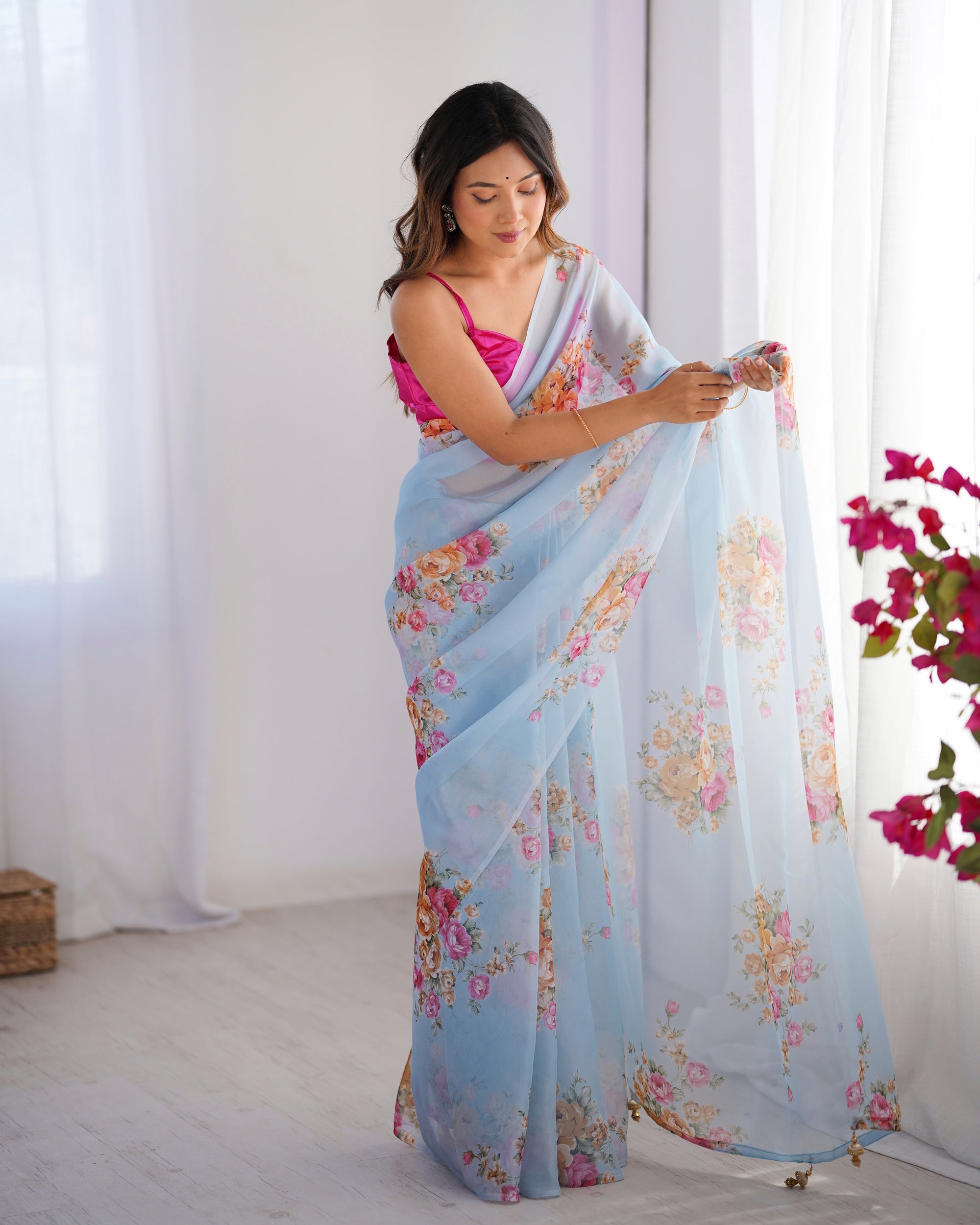 Sky Blue Burberry Designer Saree | Orange Art Silk Blouse with Printed Elegance
