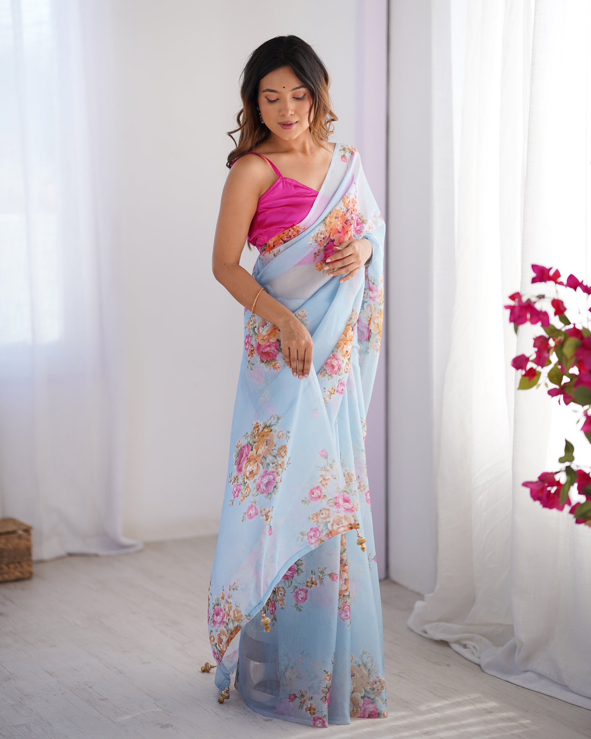 Sky Blue Burberry Designer Saree | Orange Art Silk Blouse with Printed Elegance
