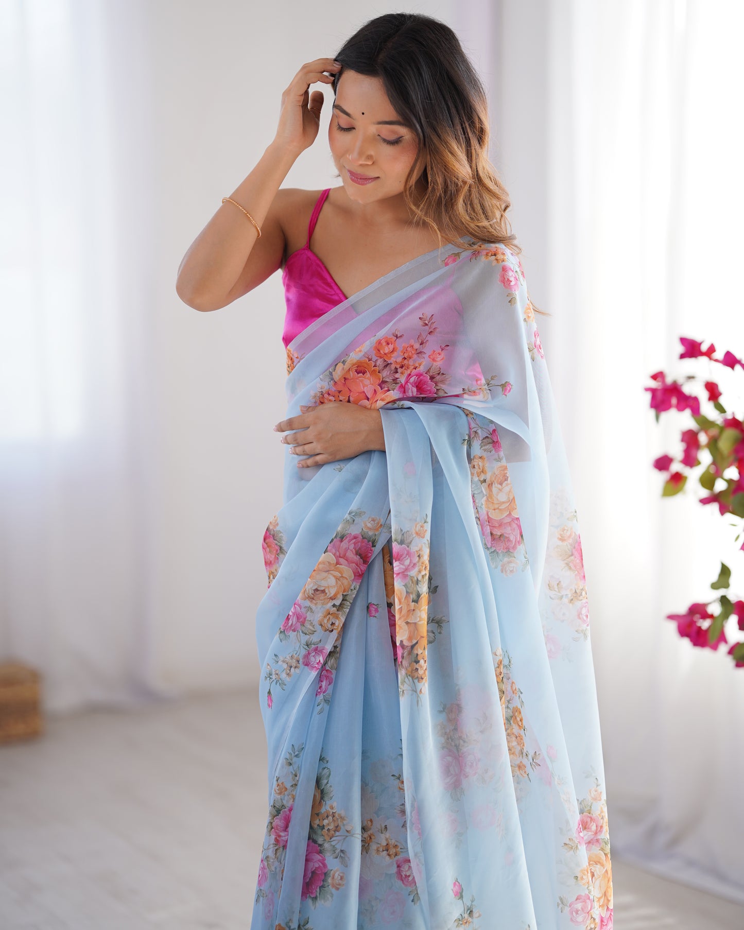 Sky Blue Burberry Designer Saree | Orange Art Silk Blouse with Printed Elegance