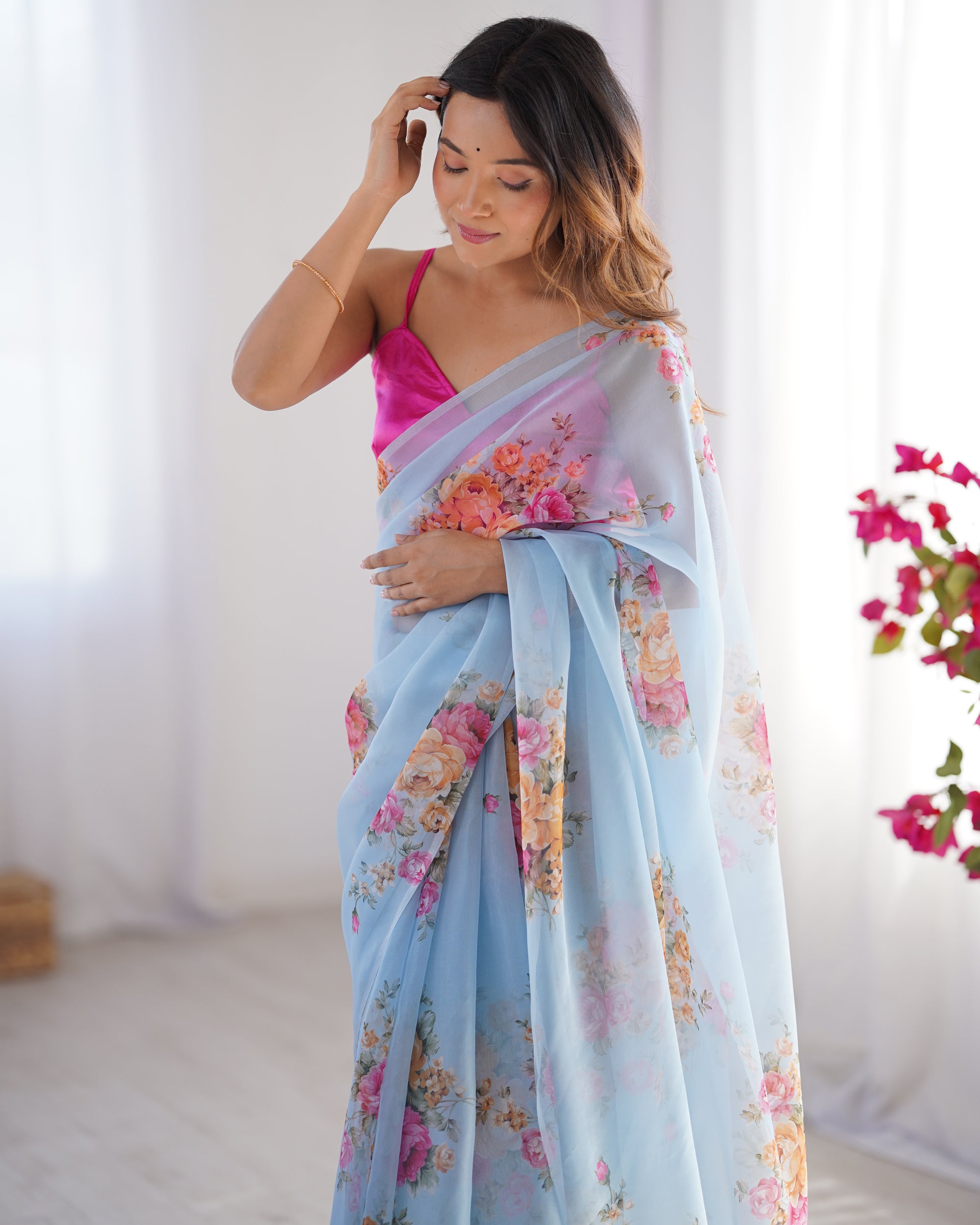 Sky Blue Burberry Designer Saree | Orange Art Silk Blouse with Printed Elegance