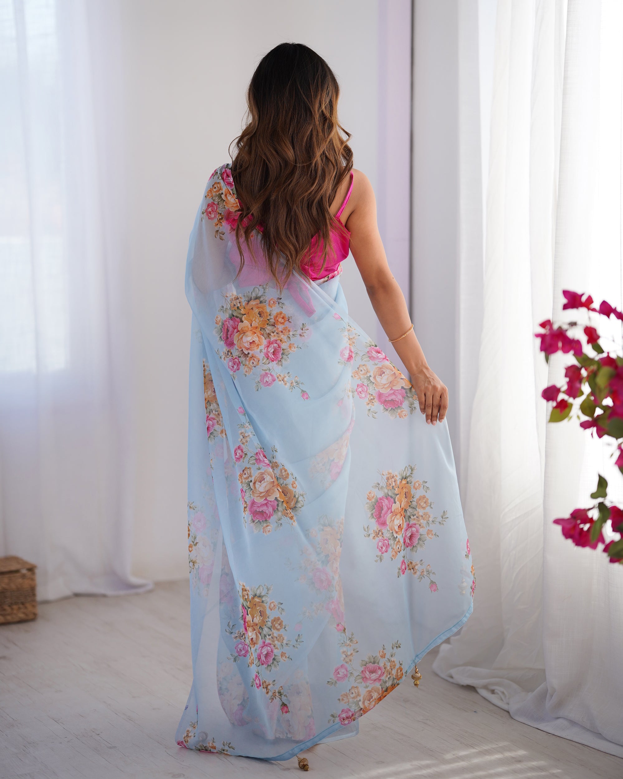 Sky Blue Burberry Designer Saree | Orange Art Silk Blouse with Printed Elegance