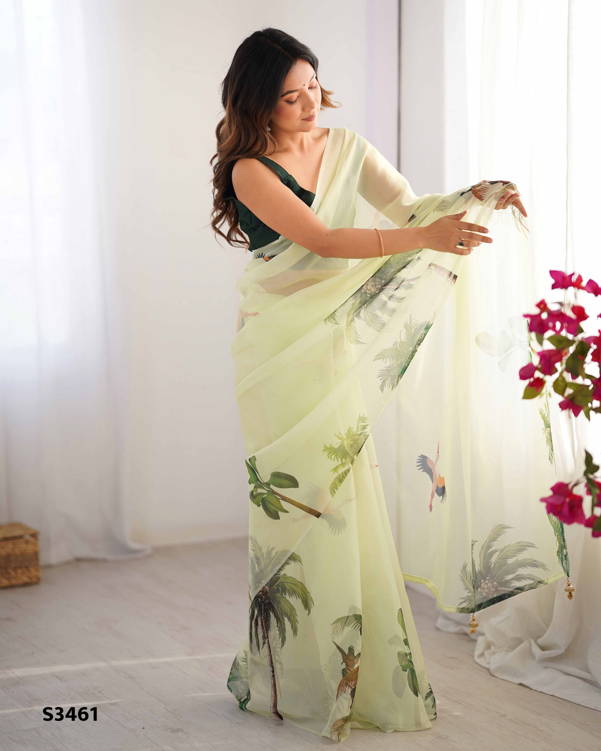 Off White Organza Designer Saree | Green Art Silk Blouse with Printed Elegance