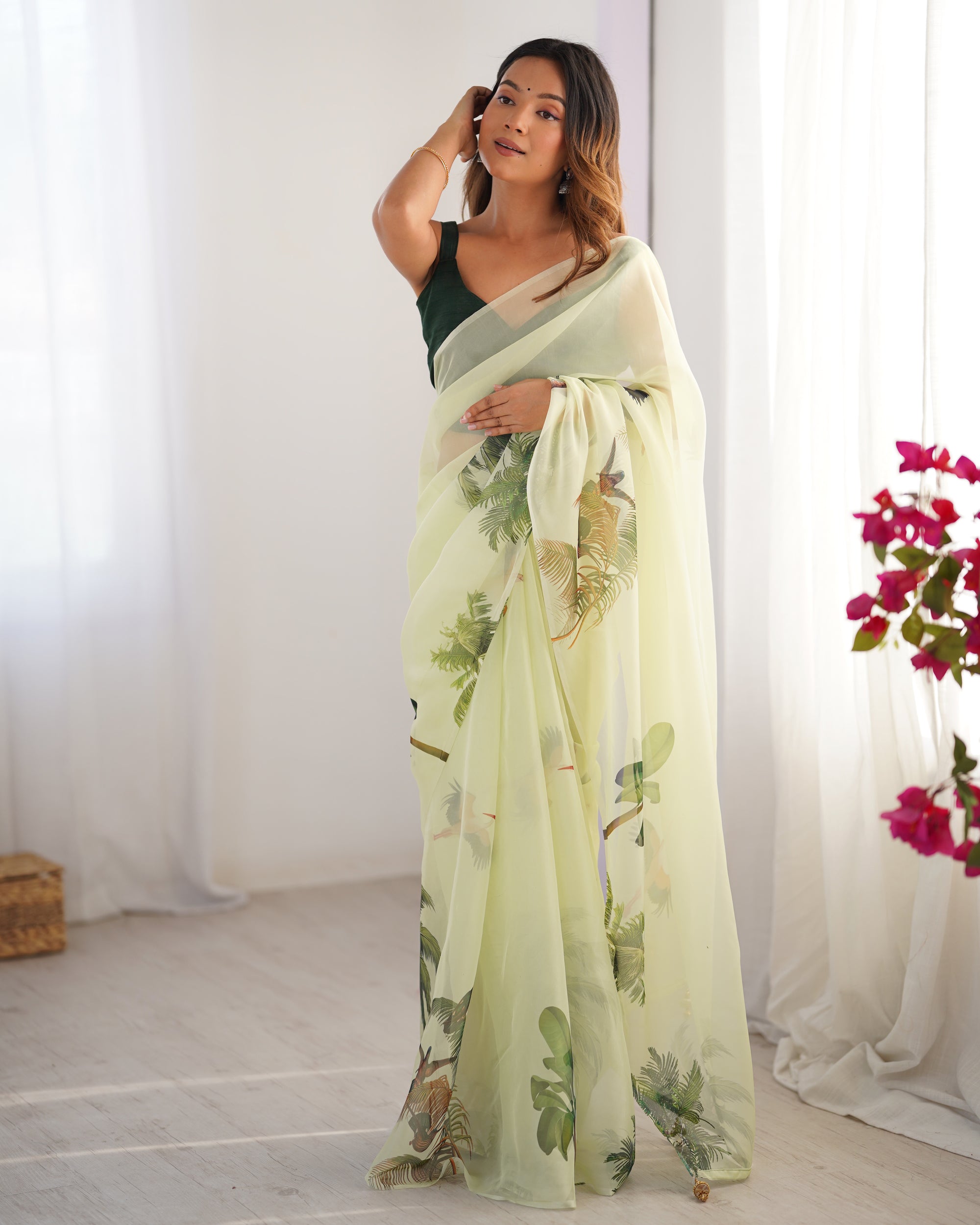 Off White Organza Designer Saree | Green Art Silk Blouse with Printed Elegance