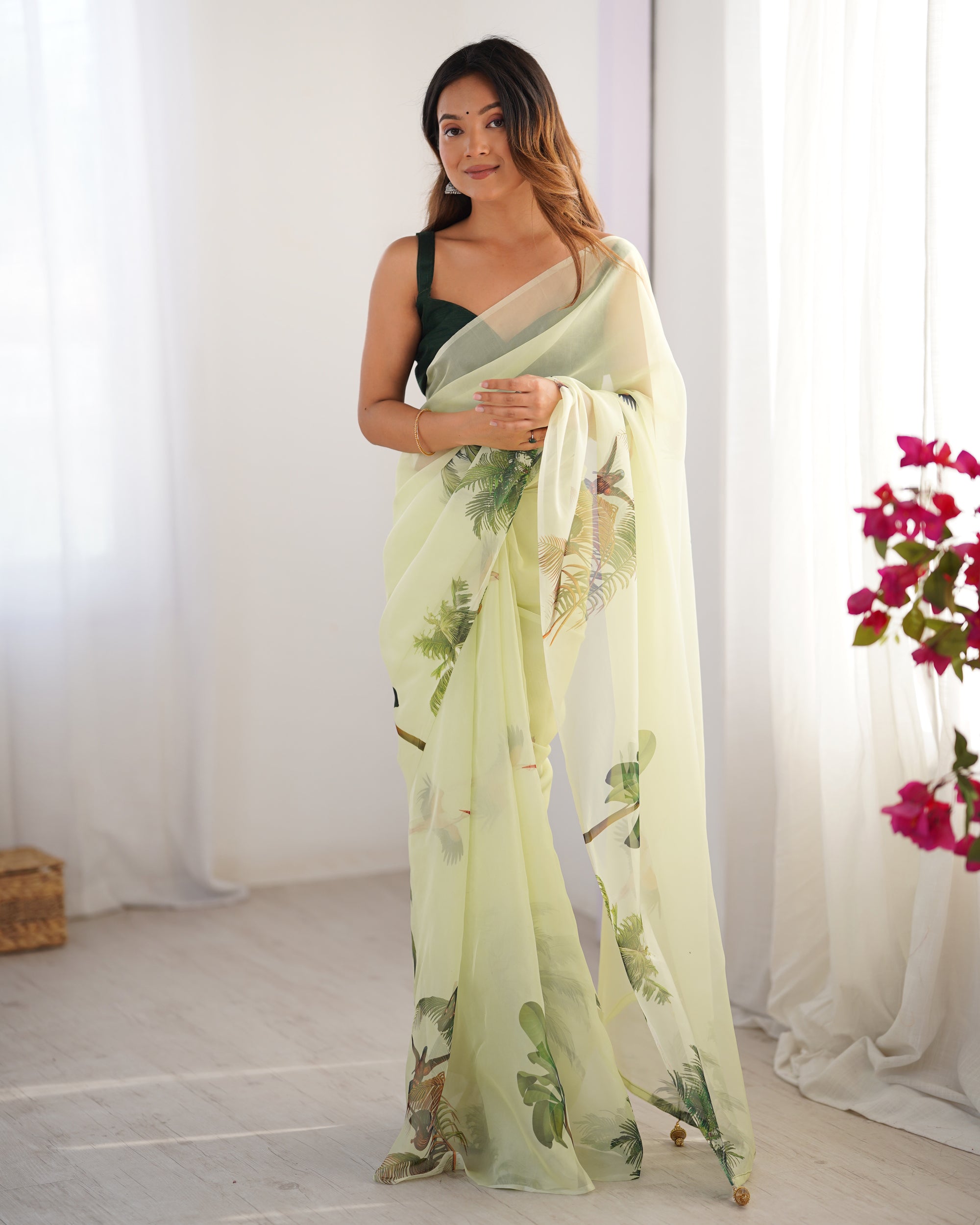 Off White Organza Designer Saree | Green Art Silk Blouse with Printed Elegance