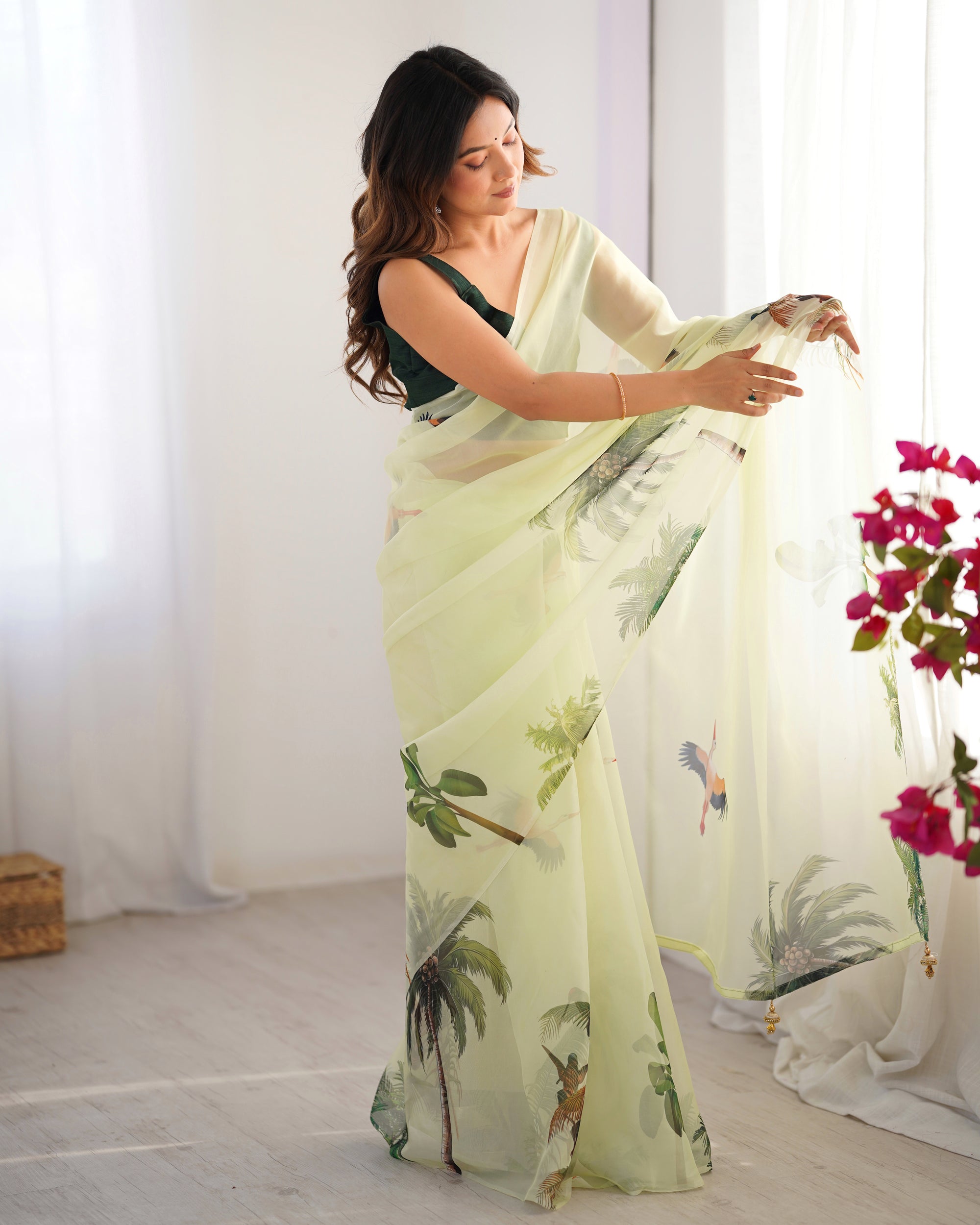 Off White Organza Designer Saree | Green Art Silk Blouse with Printed Elegance
