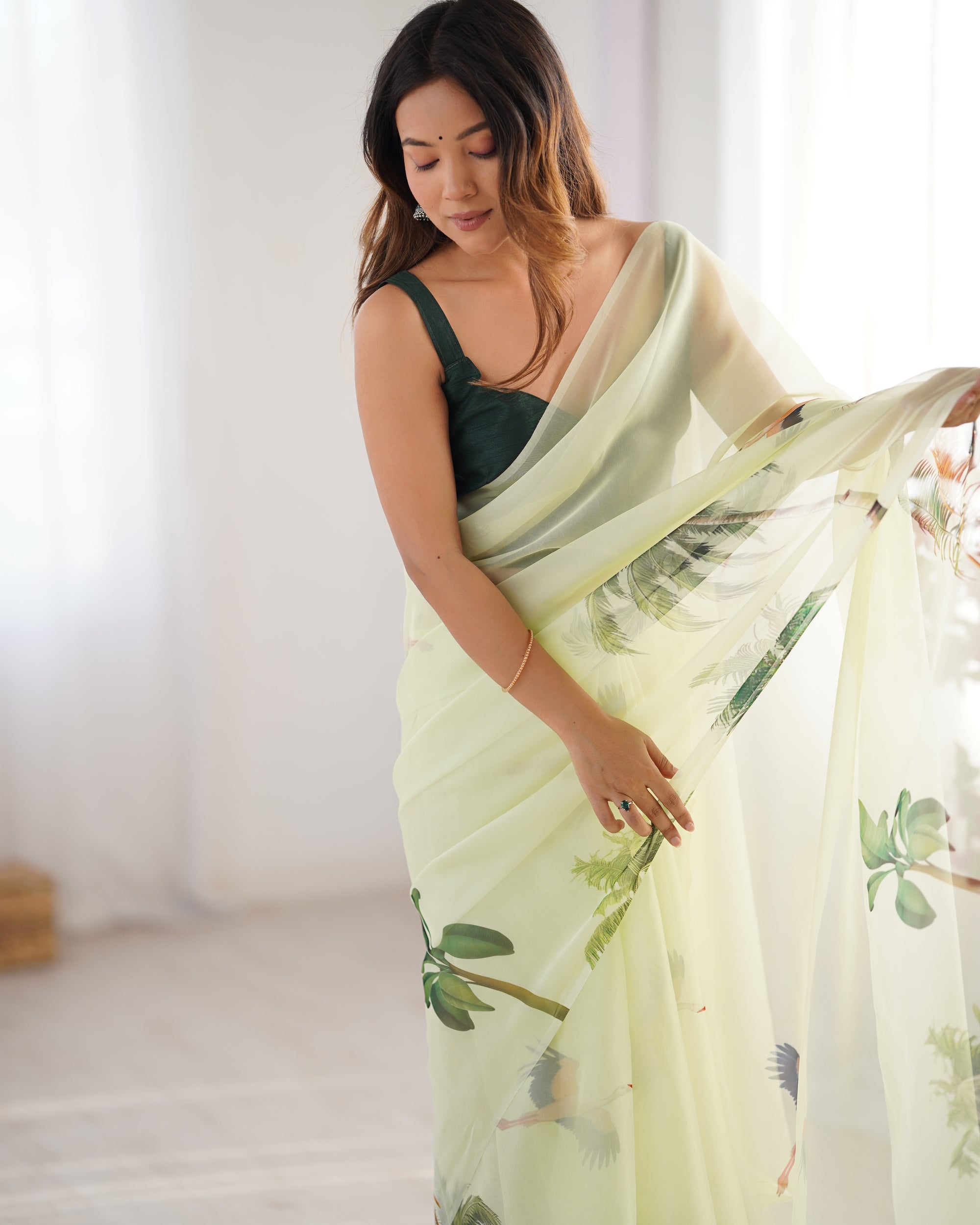 Off White Organza Designer Saree | Green Art Silk Blouse with Printed Elegance
