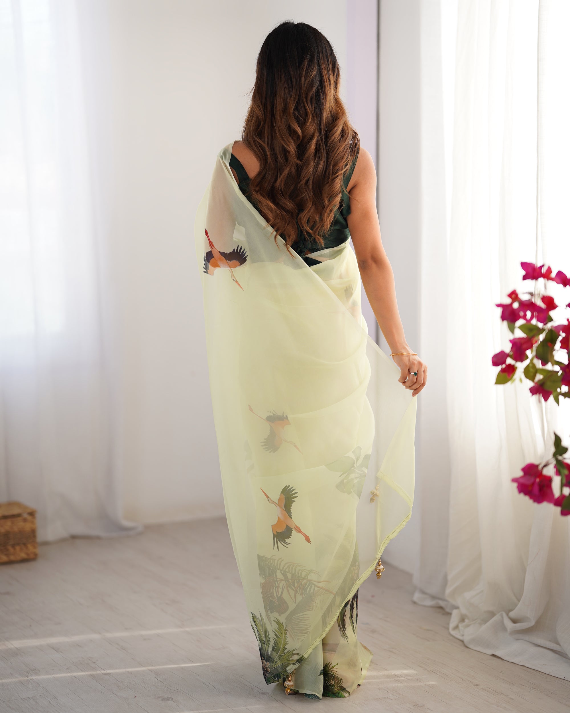 Off White Organza Designer Saree | Green Art Silk Blouse with Printed Elegance