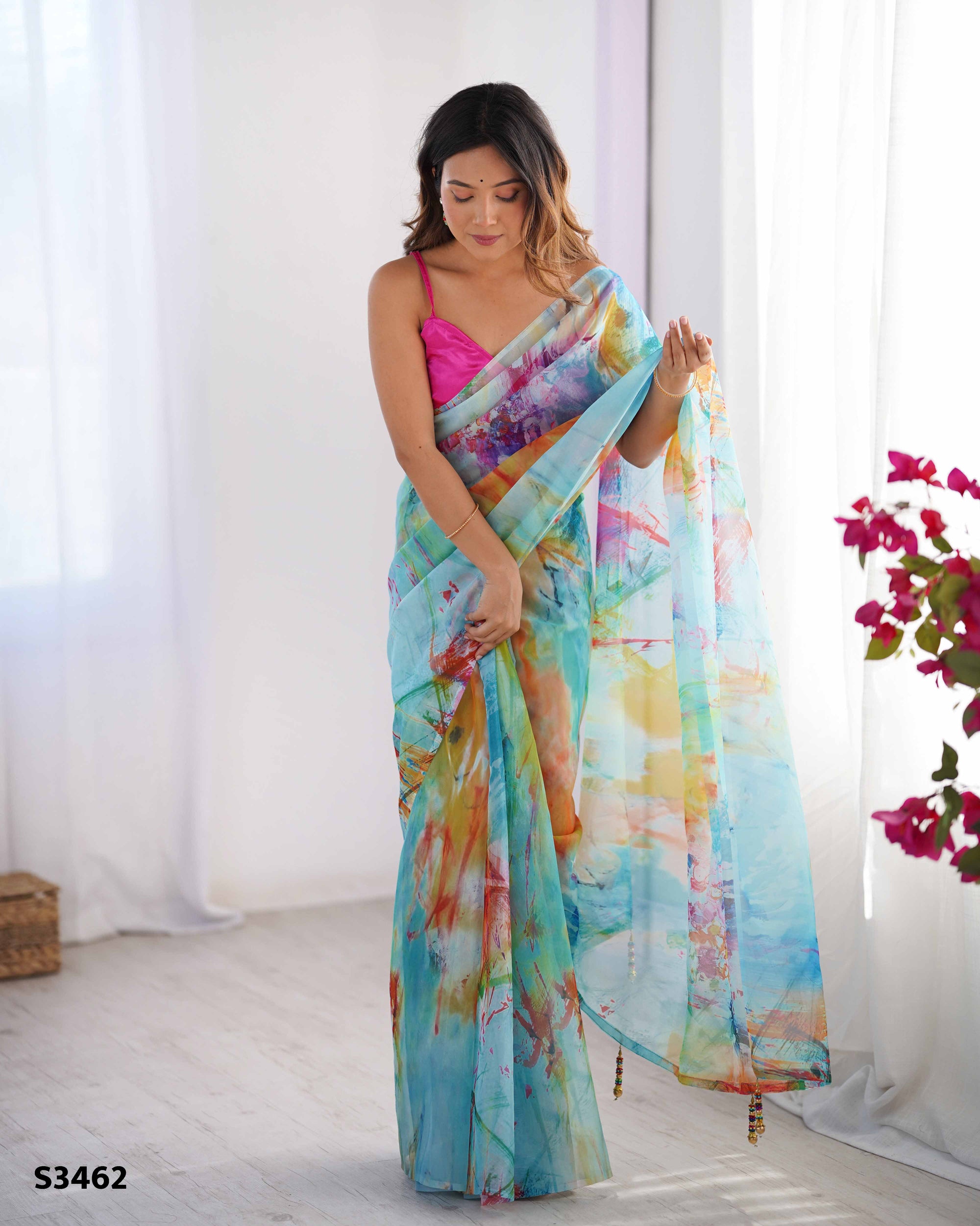 White Chinon Designer Saree | Pink Art Silk Blouse with Printed Elegance