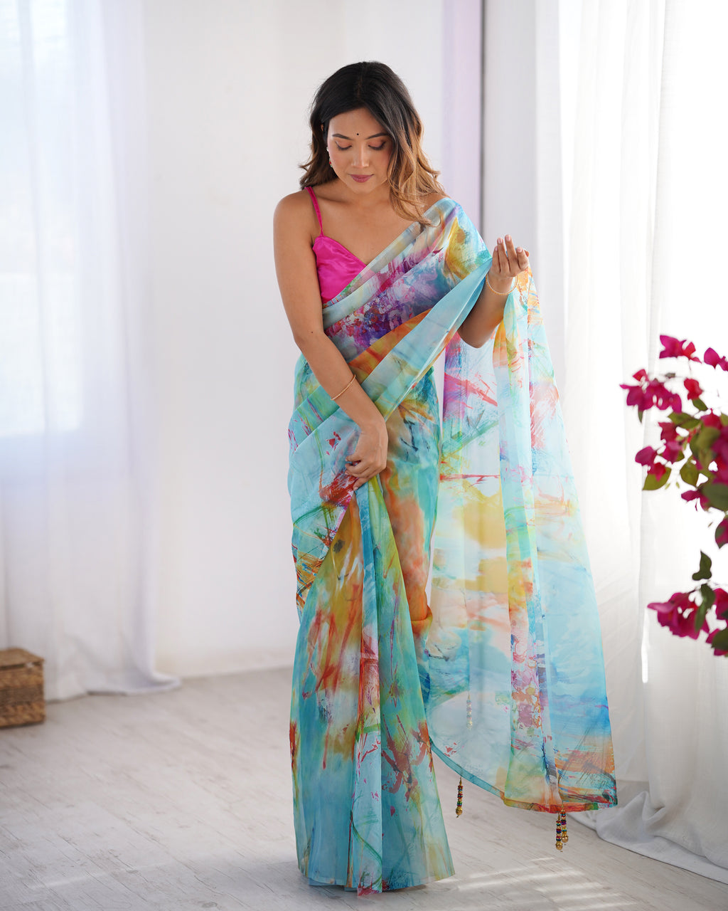 White Chinon Designer Saree | Pink Art Silk Blouse with Printed Elegance