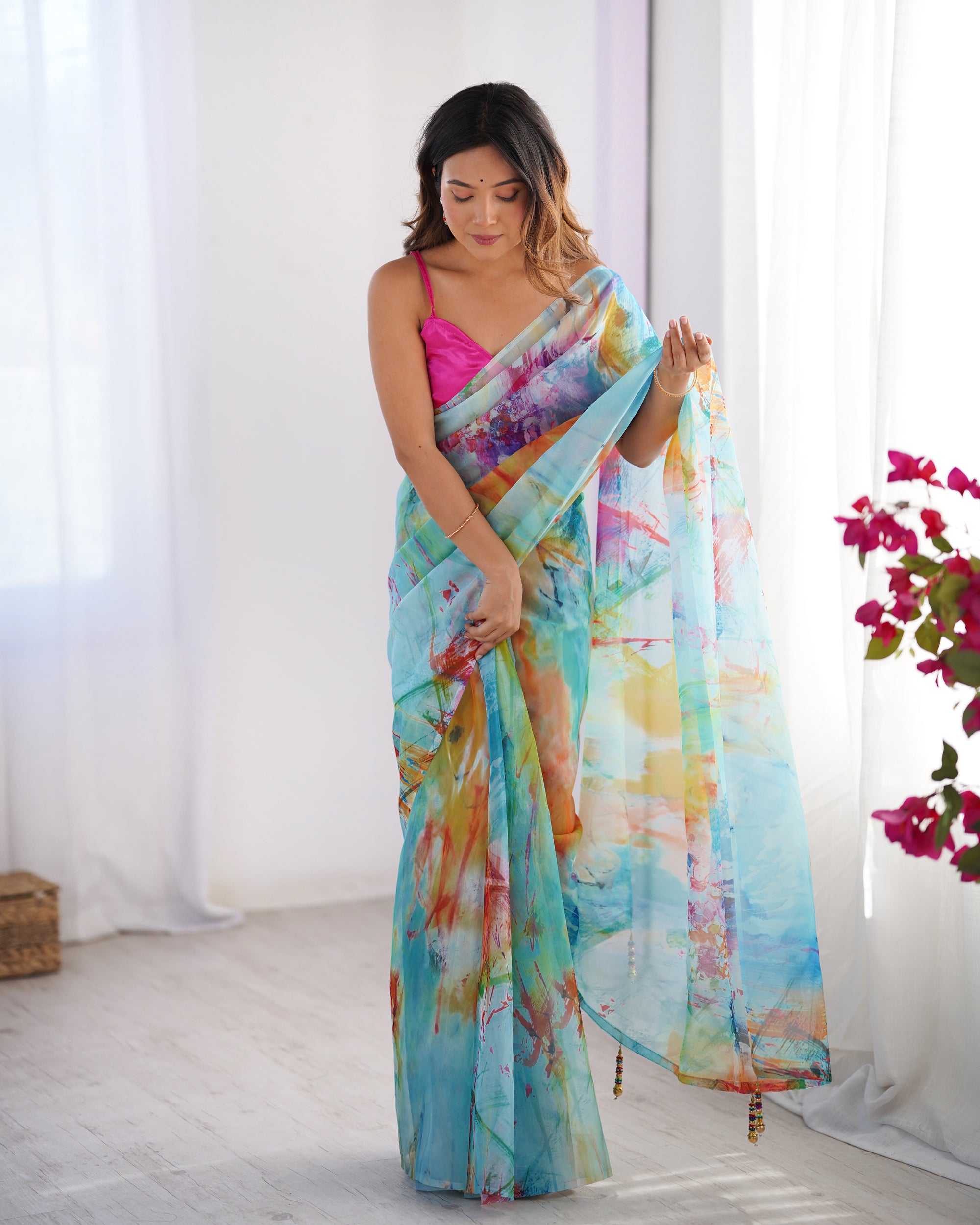 White Chinon Designer Saree | Pink Art Silk Blouse with Printed Elegance