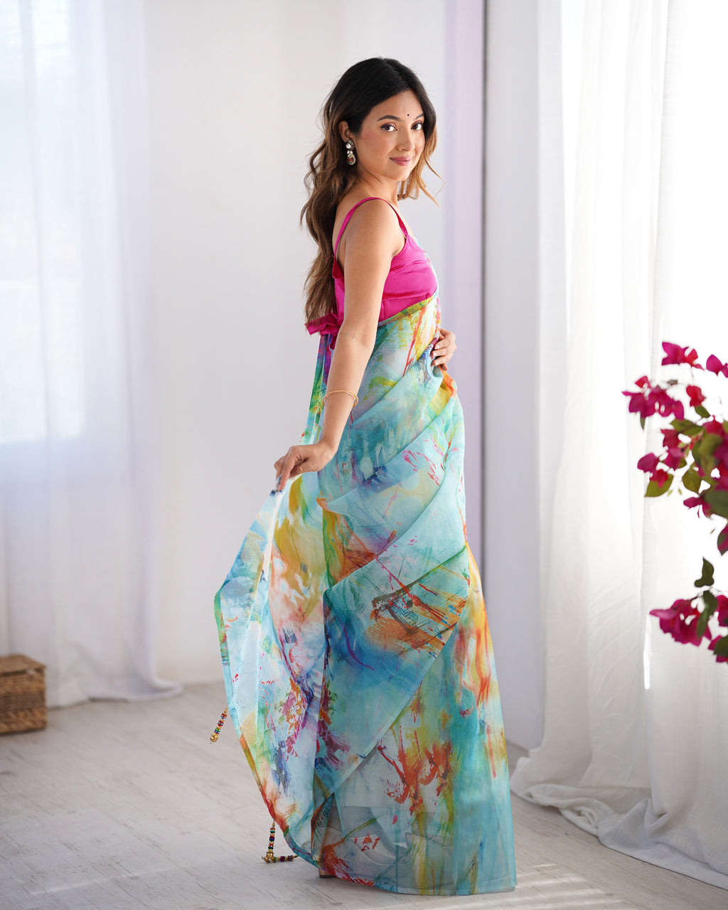 White Chinon Designer Saree | Pink Art Silk Blouse with Printed Elegance