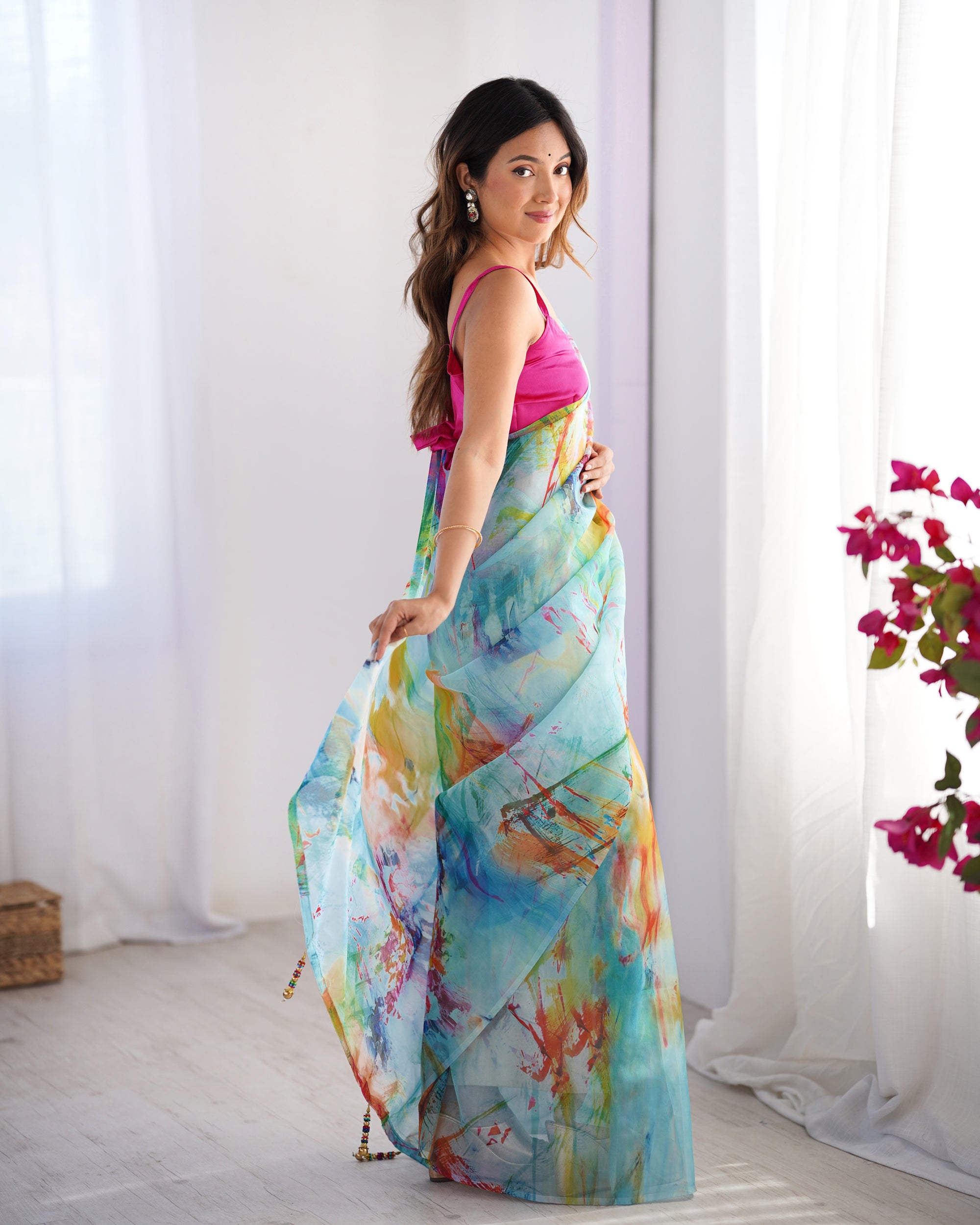 White Chinon Designer Saree | Pink Art Silk Blouse with Printed Elegance