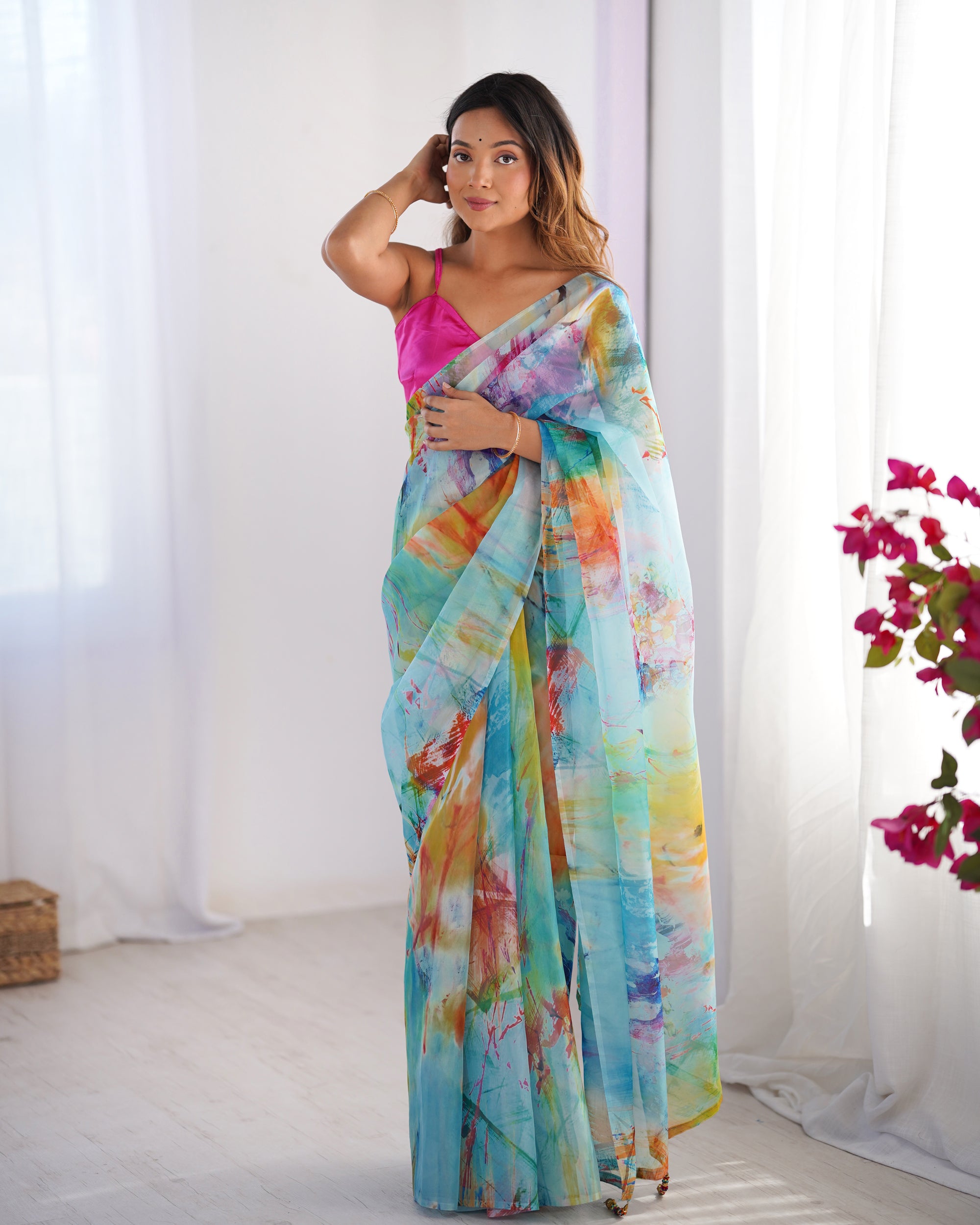 White Chinon Designer Saree | Pink Art Silk Blouse with Printed Elegance