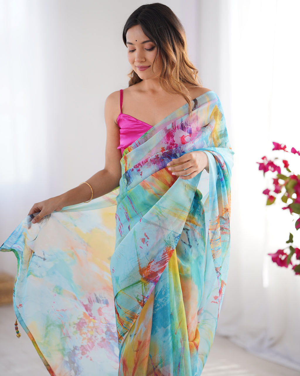 White Chinon Designer Saree | Pink Art Silk Blouse with Printed Elegance