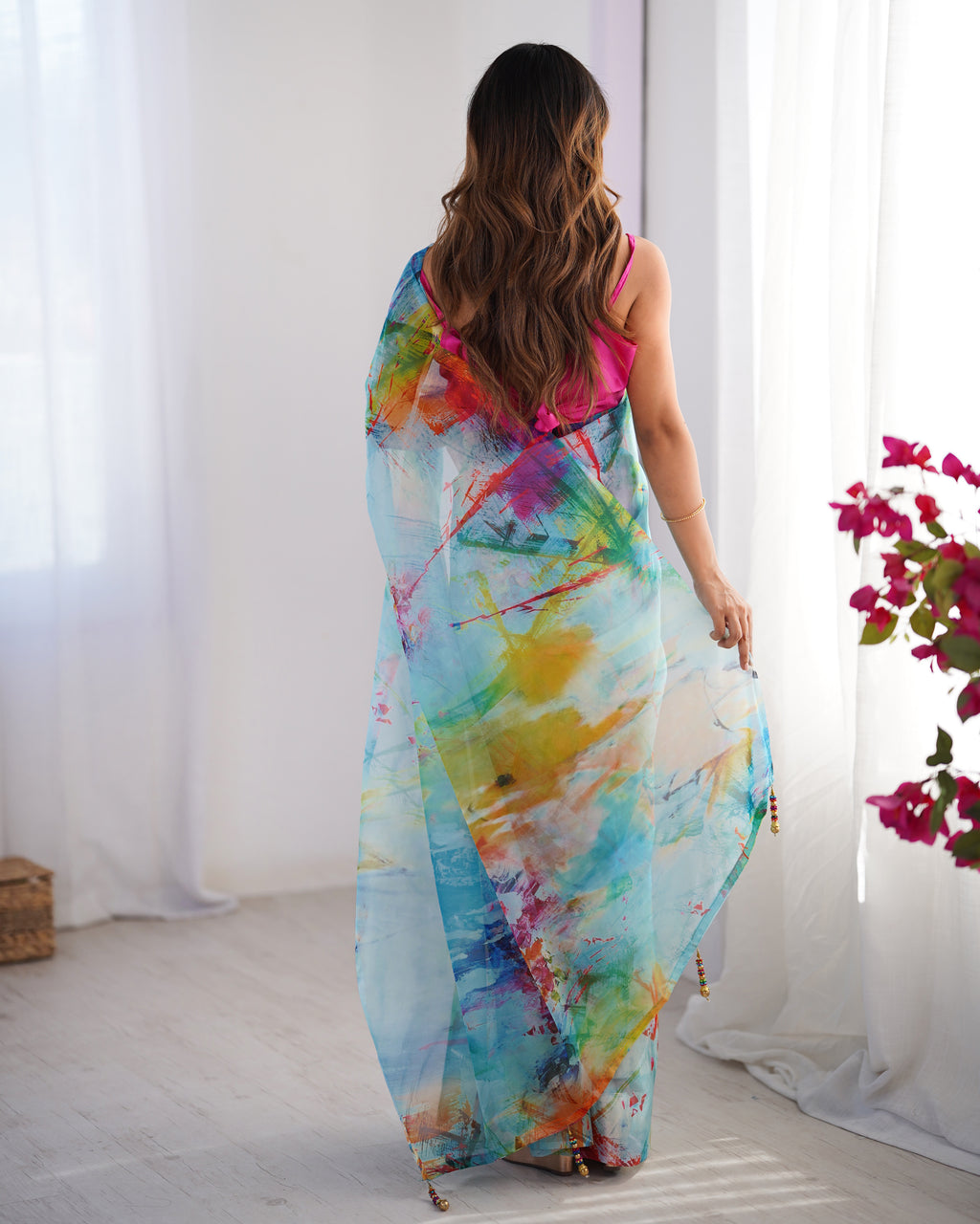 White Chinon Designer Saree | Pink Art Silk Blouse with Printed Elegance
