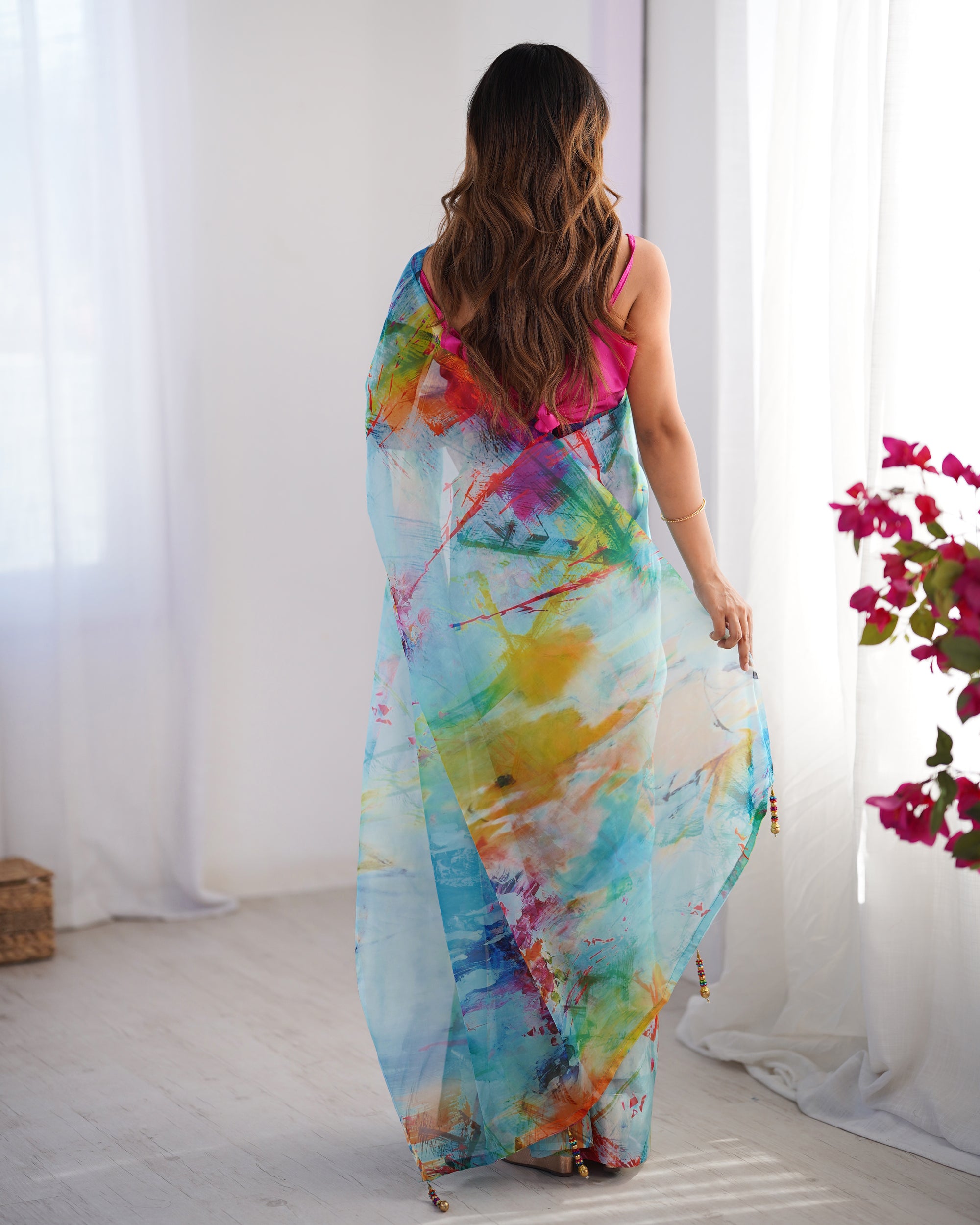 White Chinon Designer Saree | Pink Art Silk Blouse with Printed Elegance