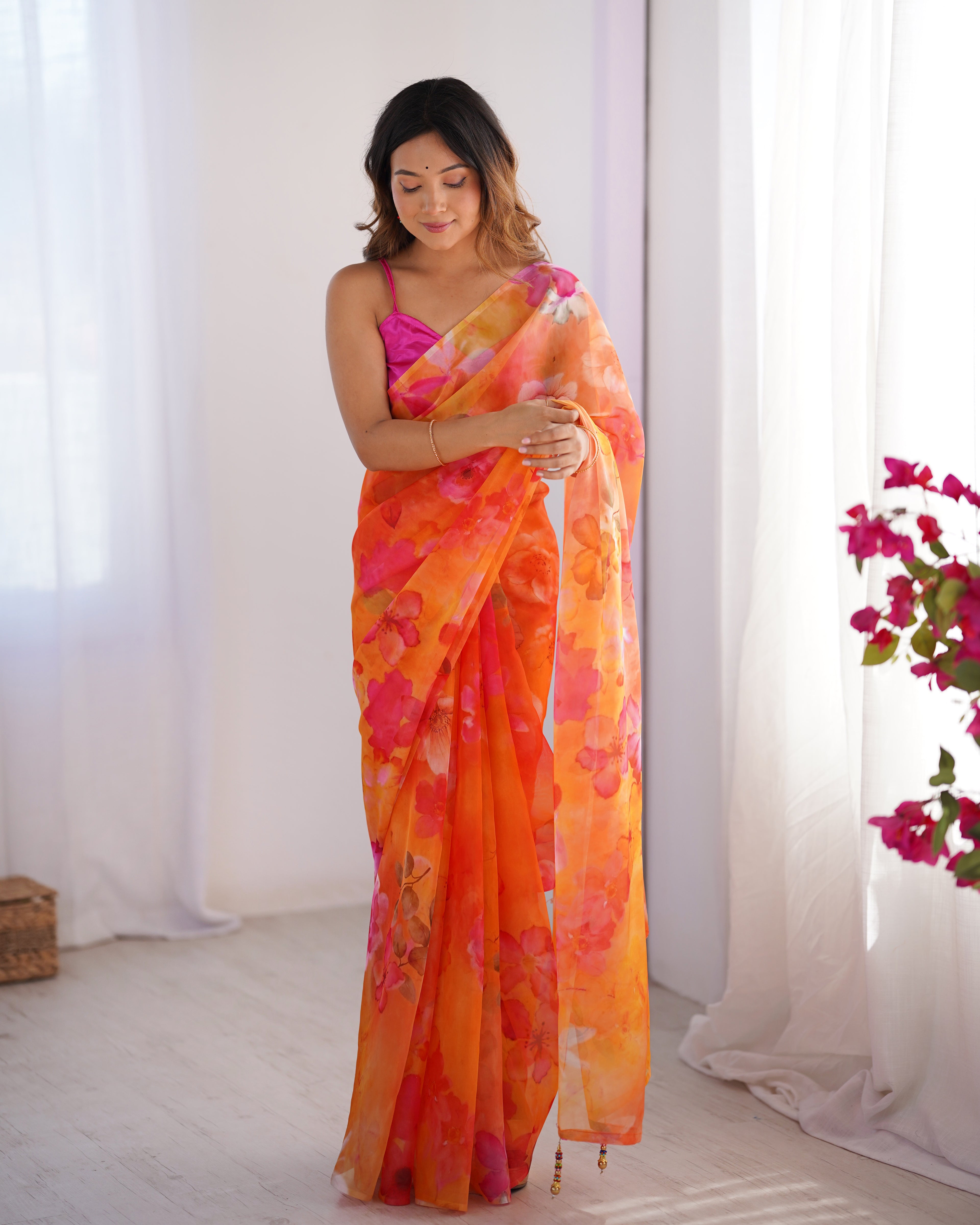 Mustard Organza Saree | Matching Art Silk Blouse with Embroidered Lace Work