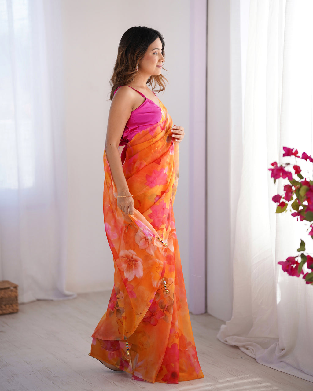 Mustard Organza Saree | Matching Art Silk Blouse with Embroidered Lace Work
