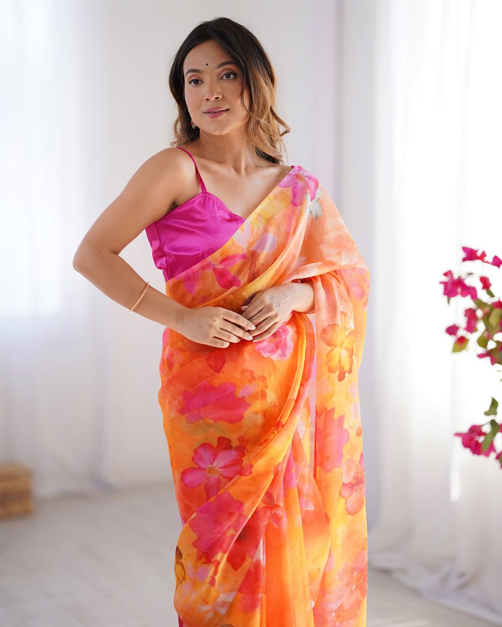 Mustard Organza Saree | Matching Art Silk Blouse with Embroidered Lace Work