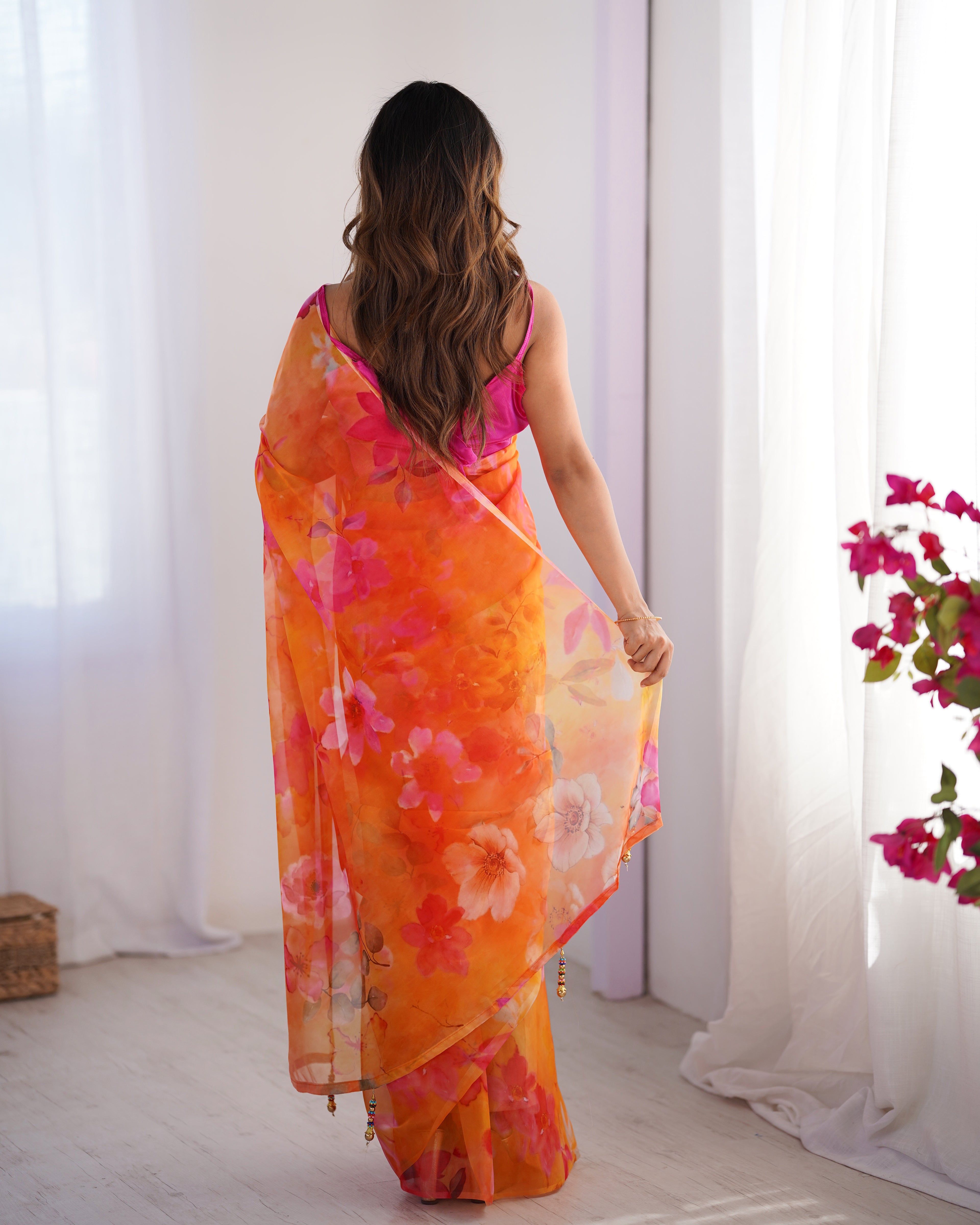 Mustard Organza Saree | Matching Art Silk Blouse with Embroidered Lace Work